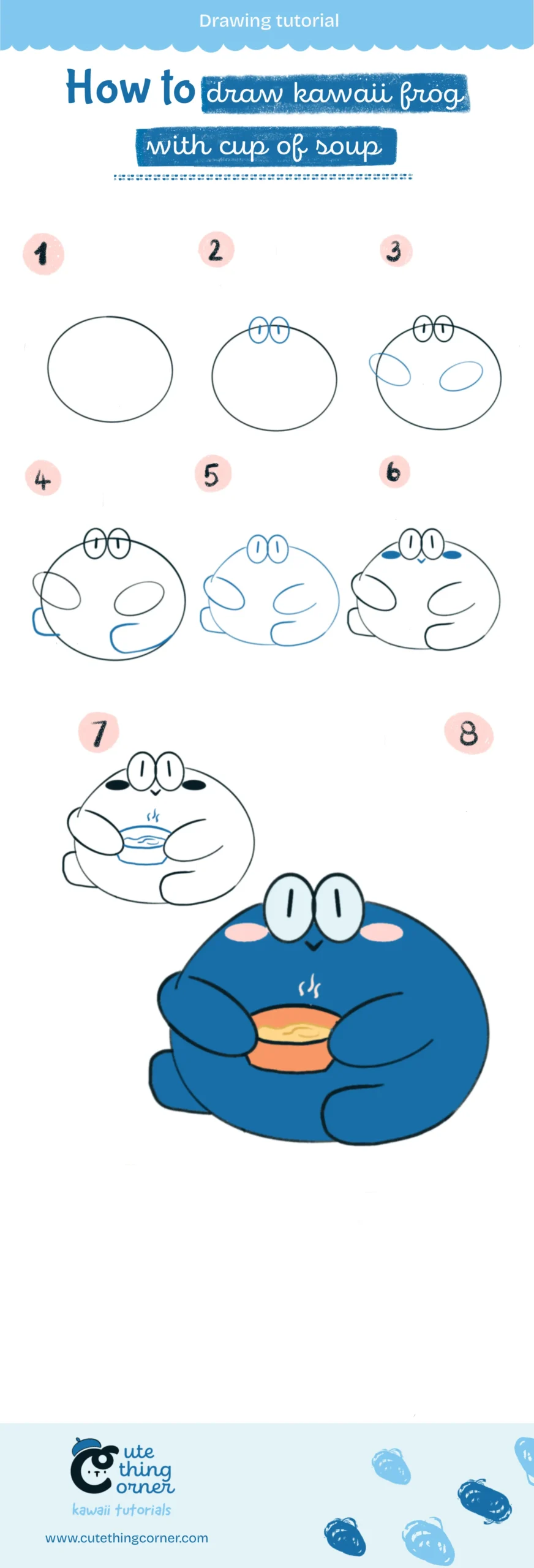 How to draw kawaii frog with cup of soup (Step-by-step)