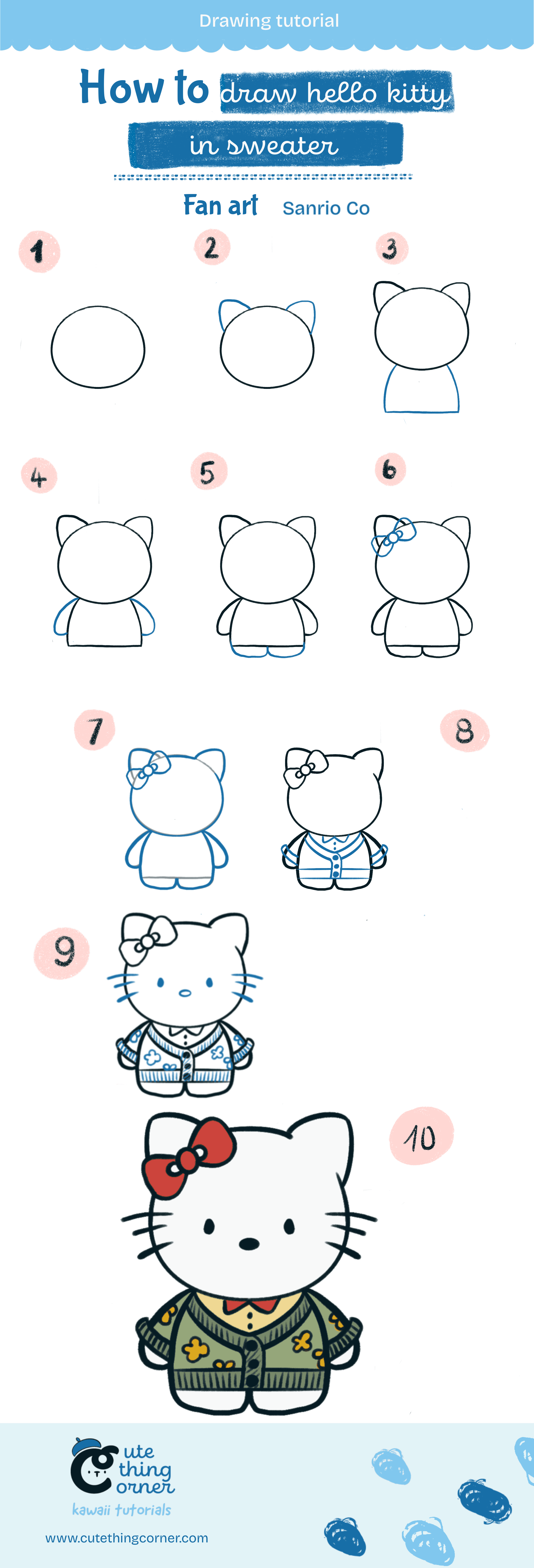 How to draw kawaii hello kitty in sweater (Step-by-step)