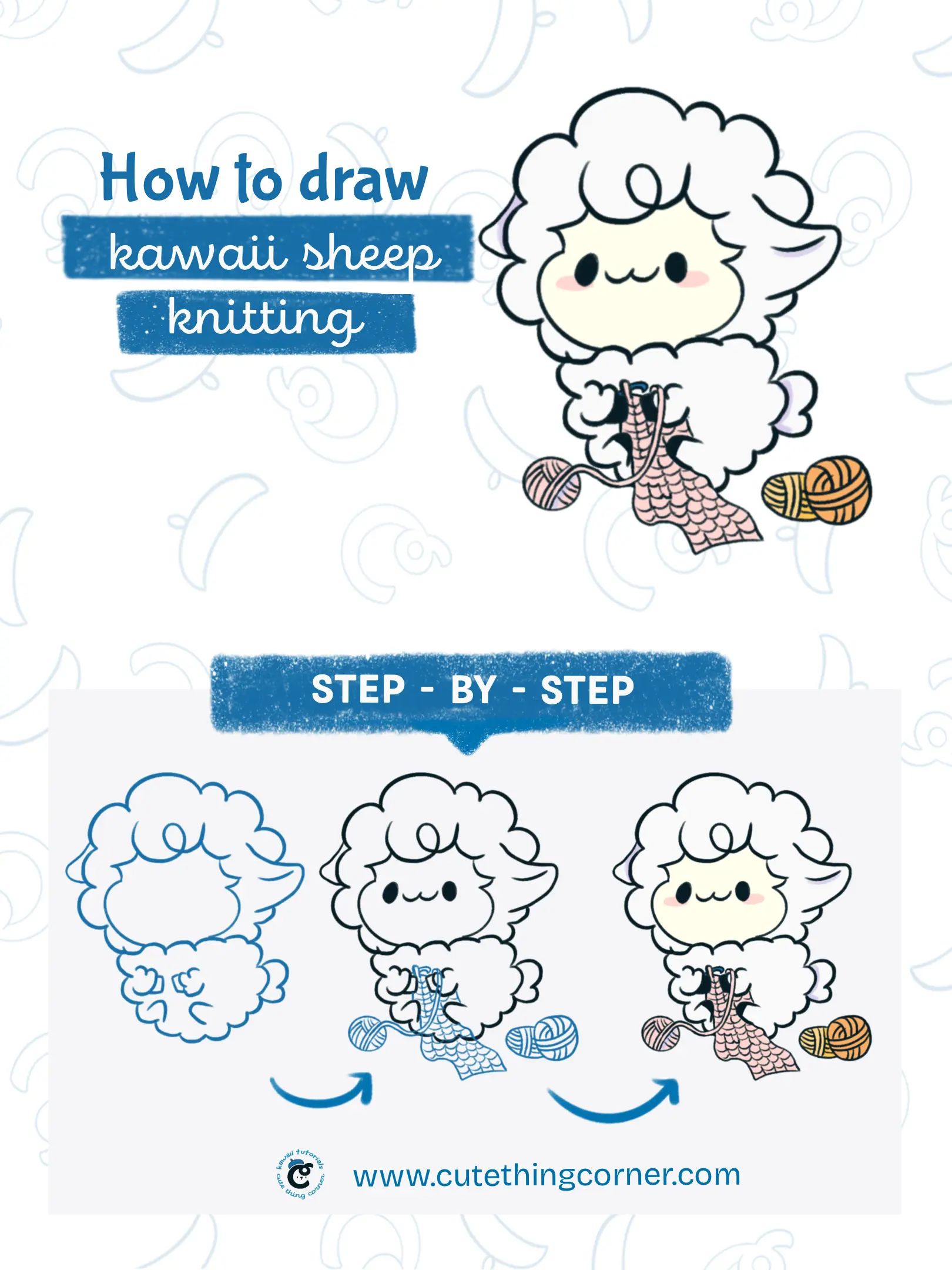 How to draw kawaii sheep knitting (Step-by-step)