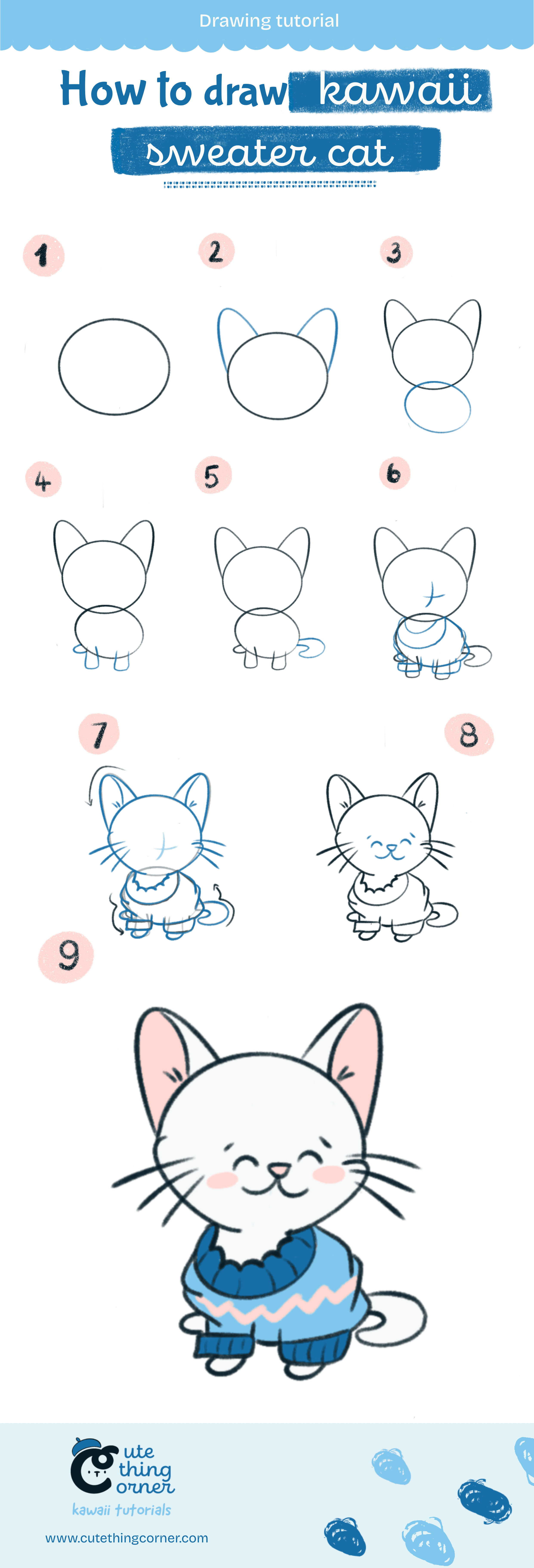 How to draw kawaii sweater cat (Step-by-step)