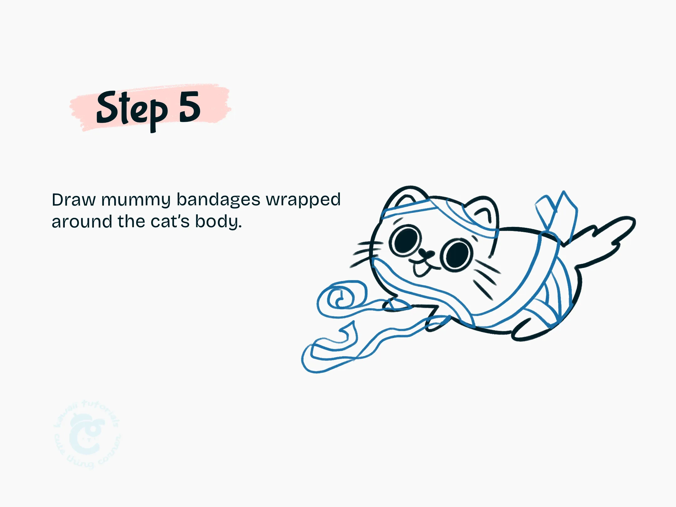 Step 5 Draw mummy bandages wrapped around the cat's body.
