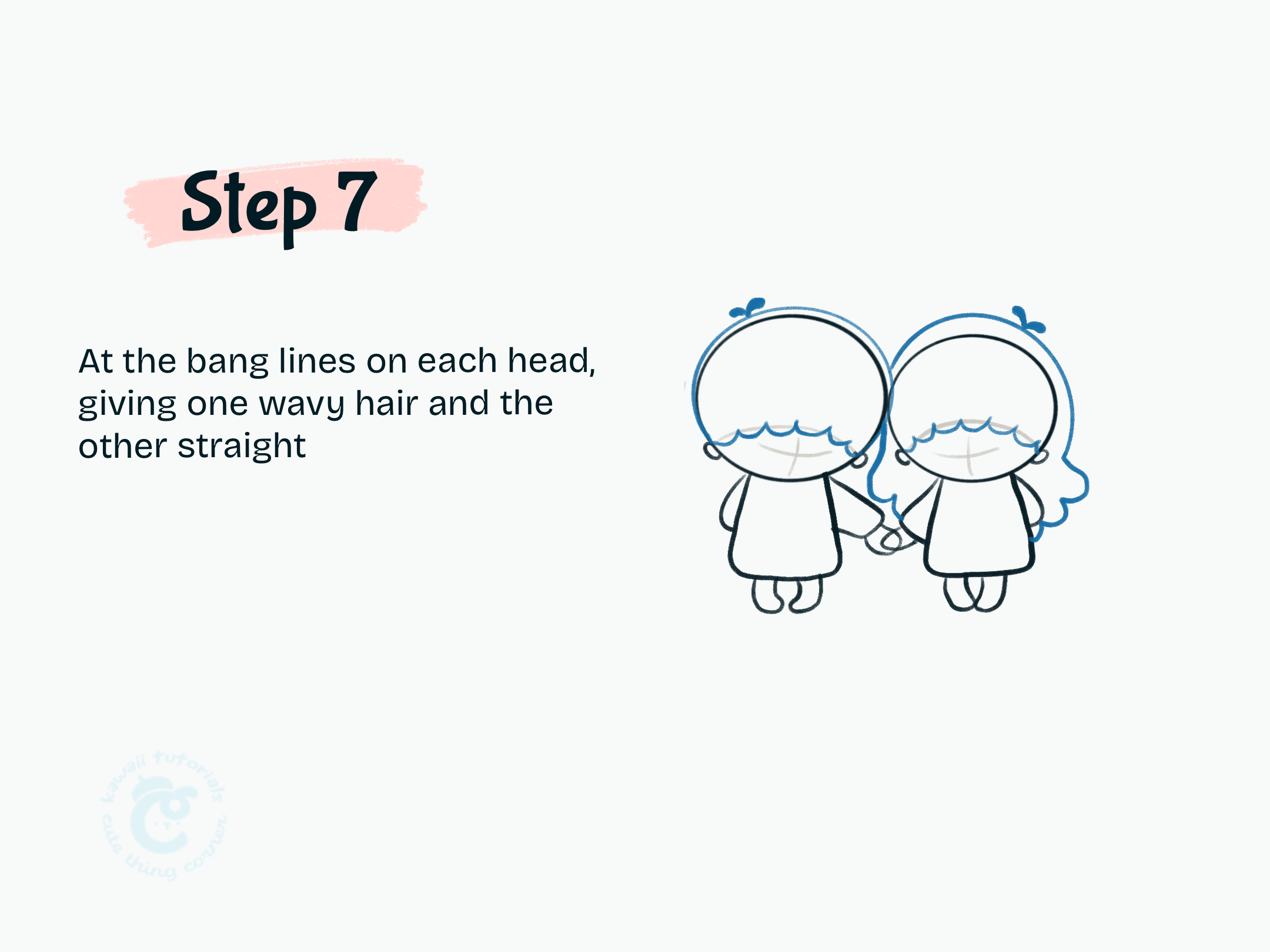 Step 7 At the bang lines on each head, giving one wavy hair and the other straight