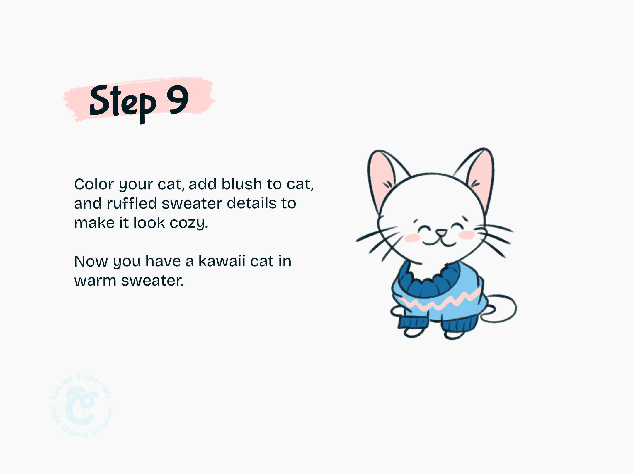 Step 9 Color your cat, add blush to cat, and ruffled sweater details to make it look cozy