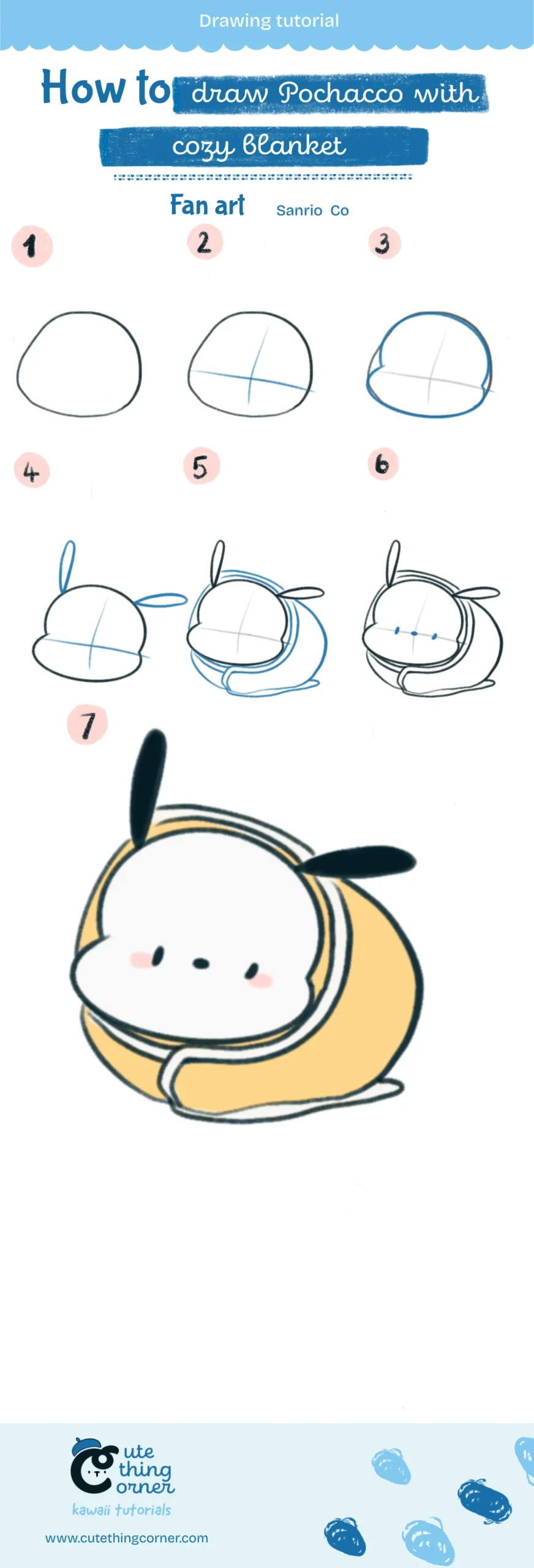 How to Draw Kawaii Pochacco with a Cozy Blanket (Step-by-step)