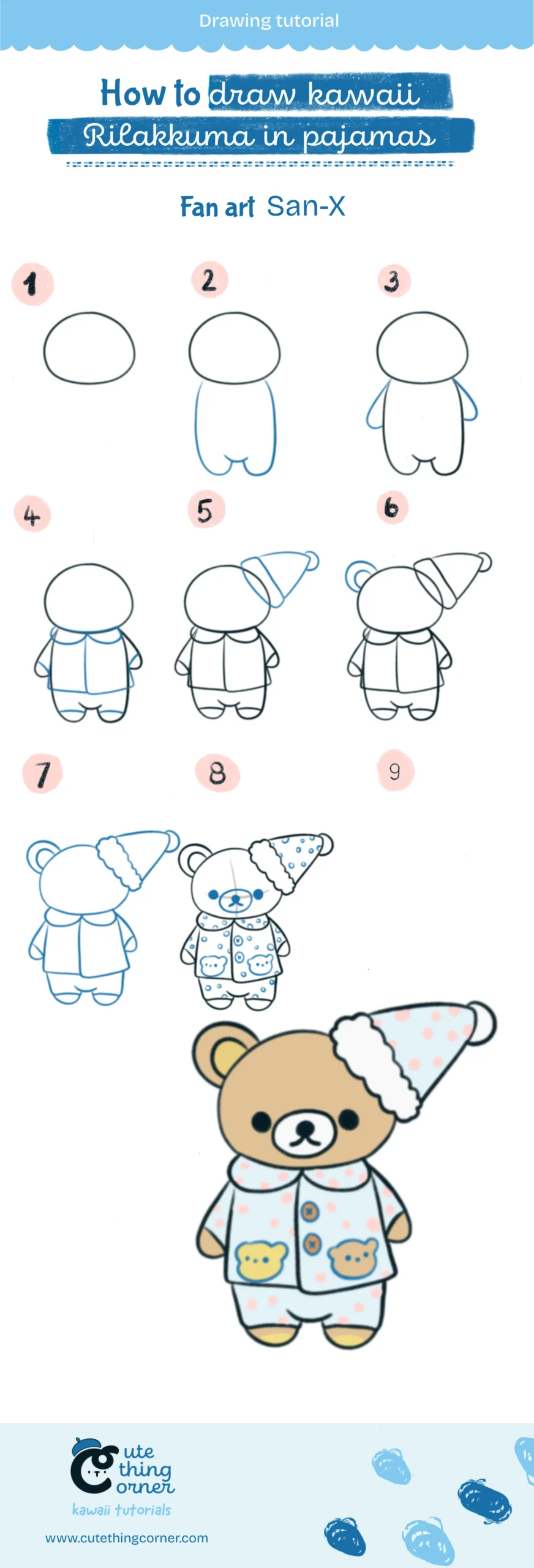 How to Draw Kawaii Rilakkuma in Pajamas (Step-by-step)