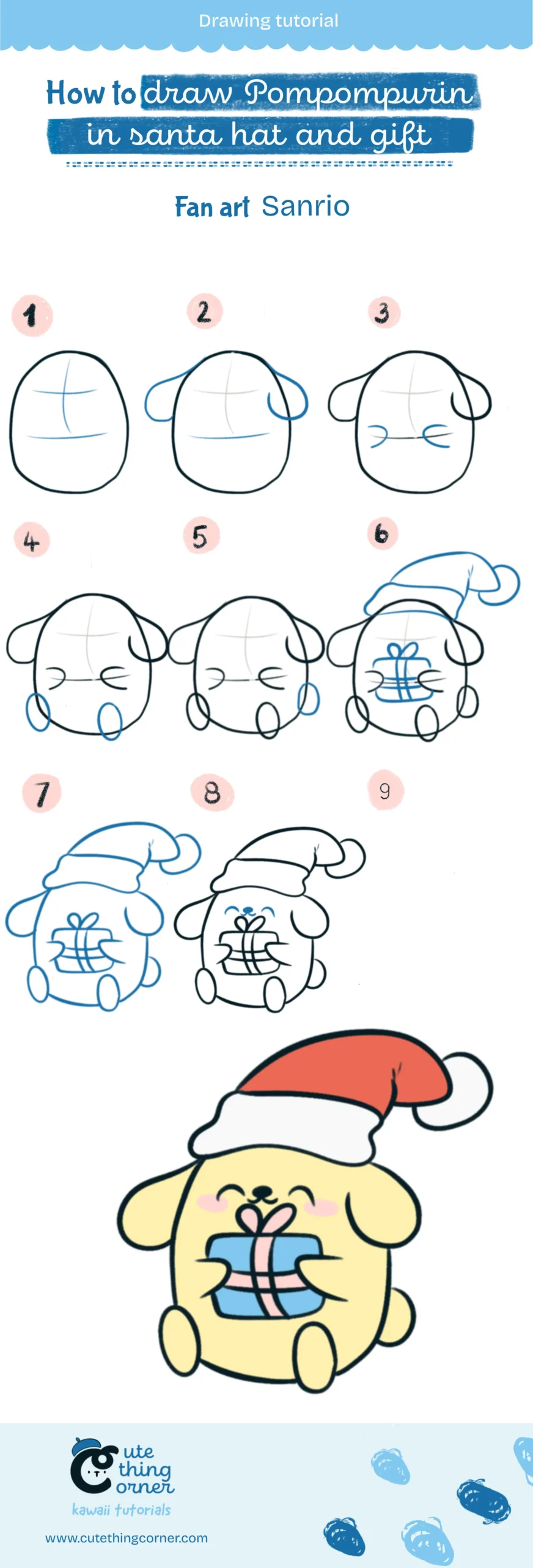 How to draw Kawaii Pompompurin with Santa Hat and Gift (Step-by-step)