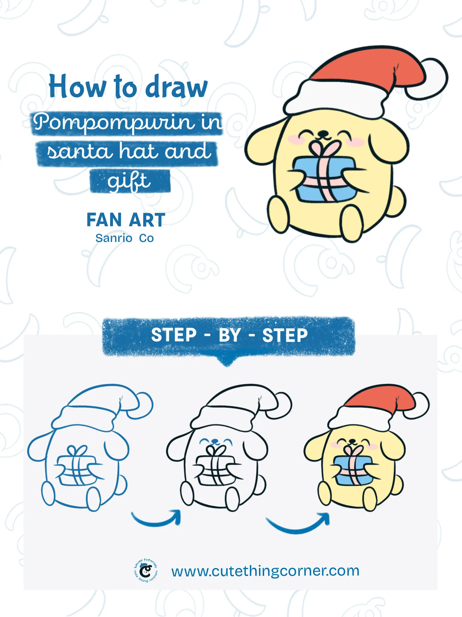 How to draw Kawaii Pompompurin with Santa Hat and Gift