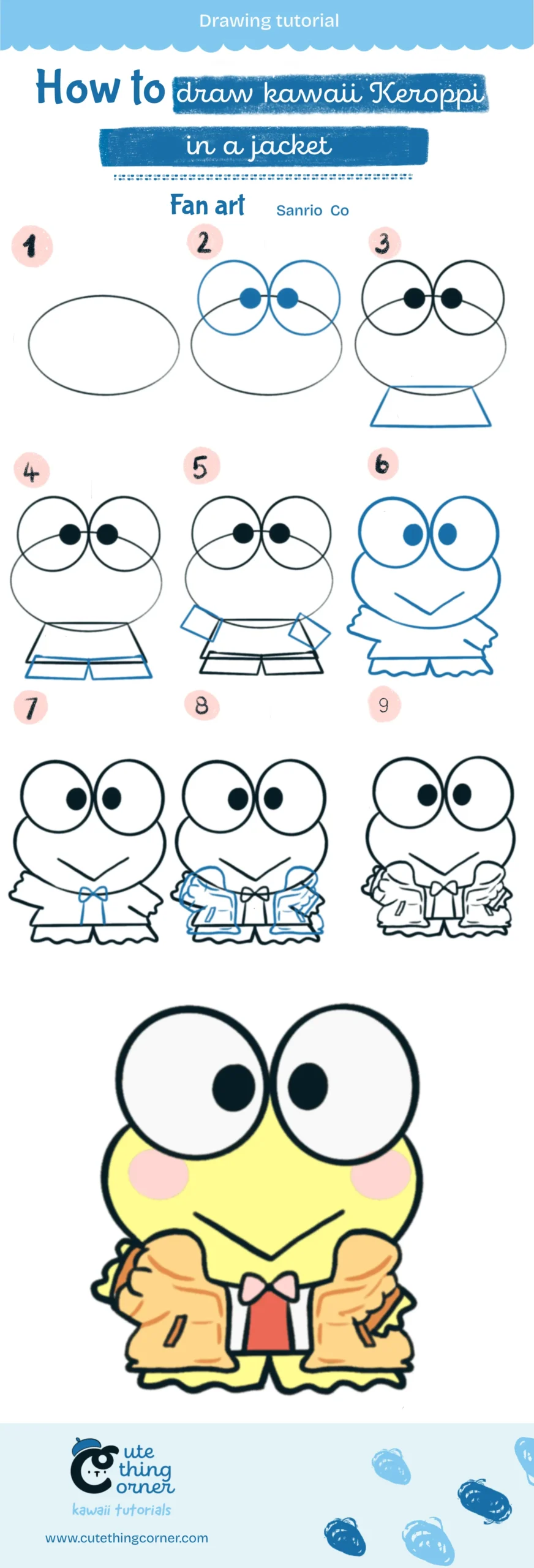 How to draw Keroppi in a jacket (Step-by-step)