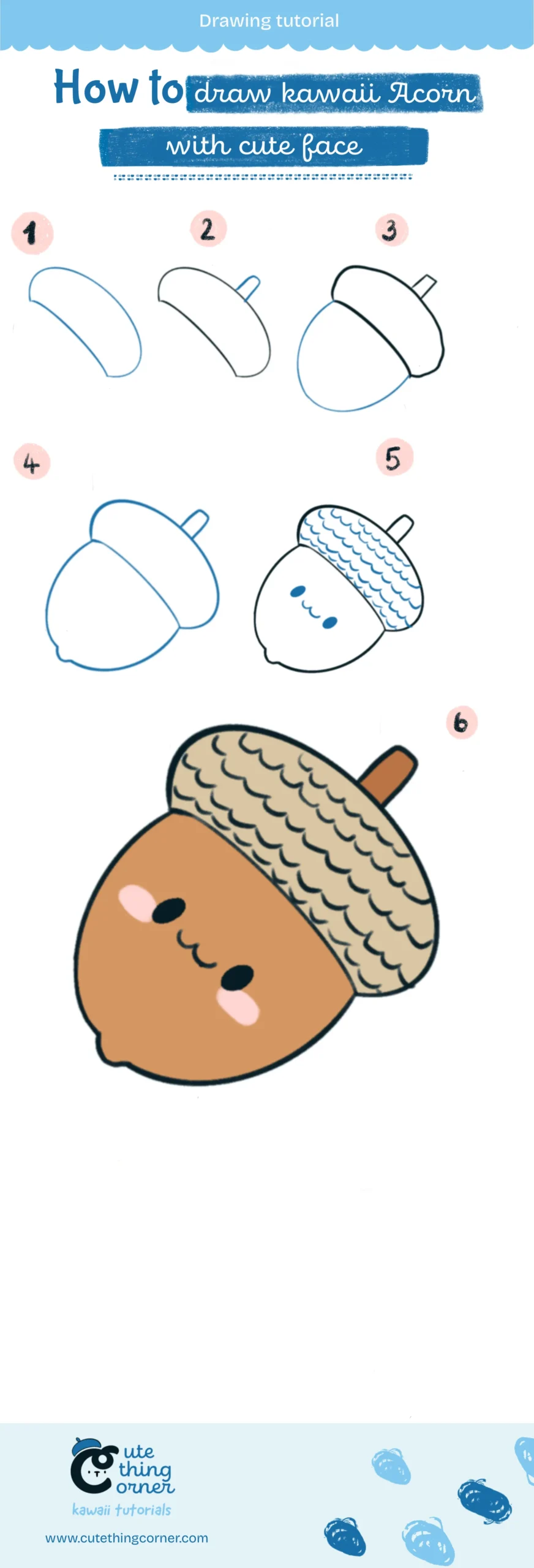 How to draw a Kawaii Acorn with cute face (Step-by-step)