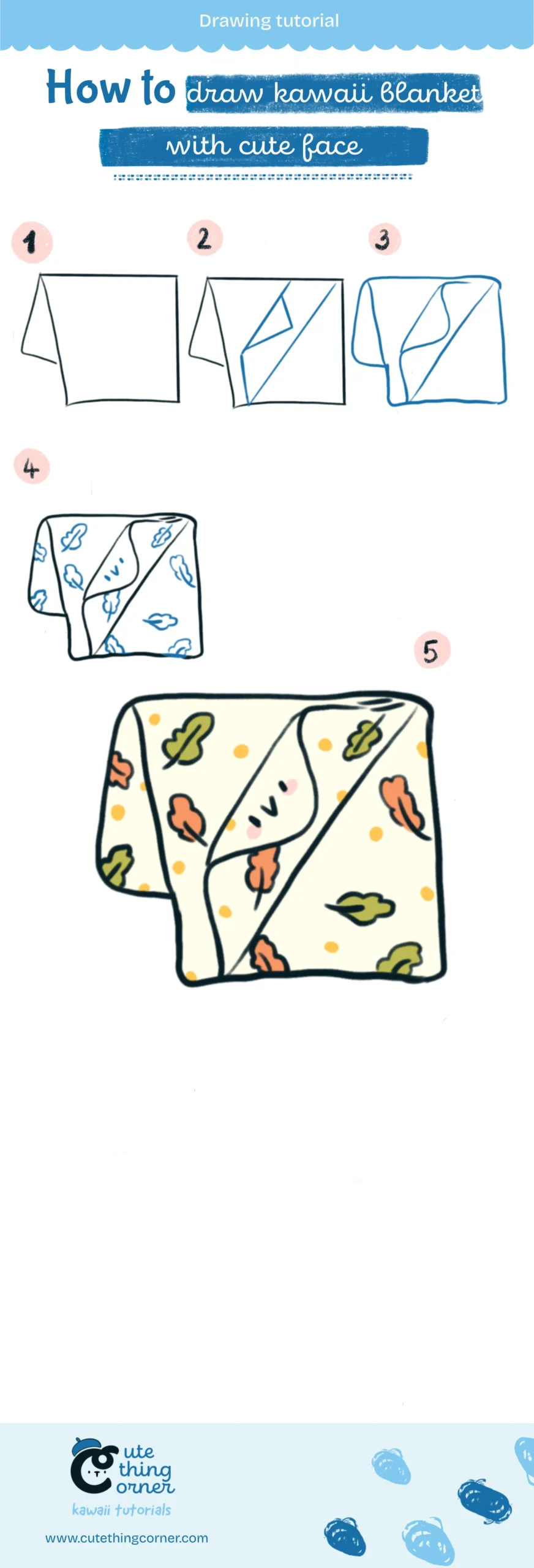 How to draw a kawaii blanket with cute face (Step-by-step)