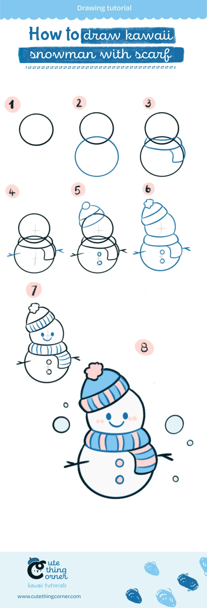 How to draw a kawaii snowman with scarf (Step-by-step)