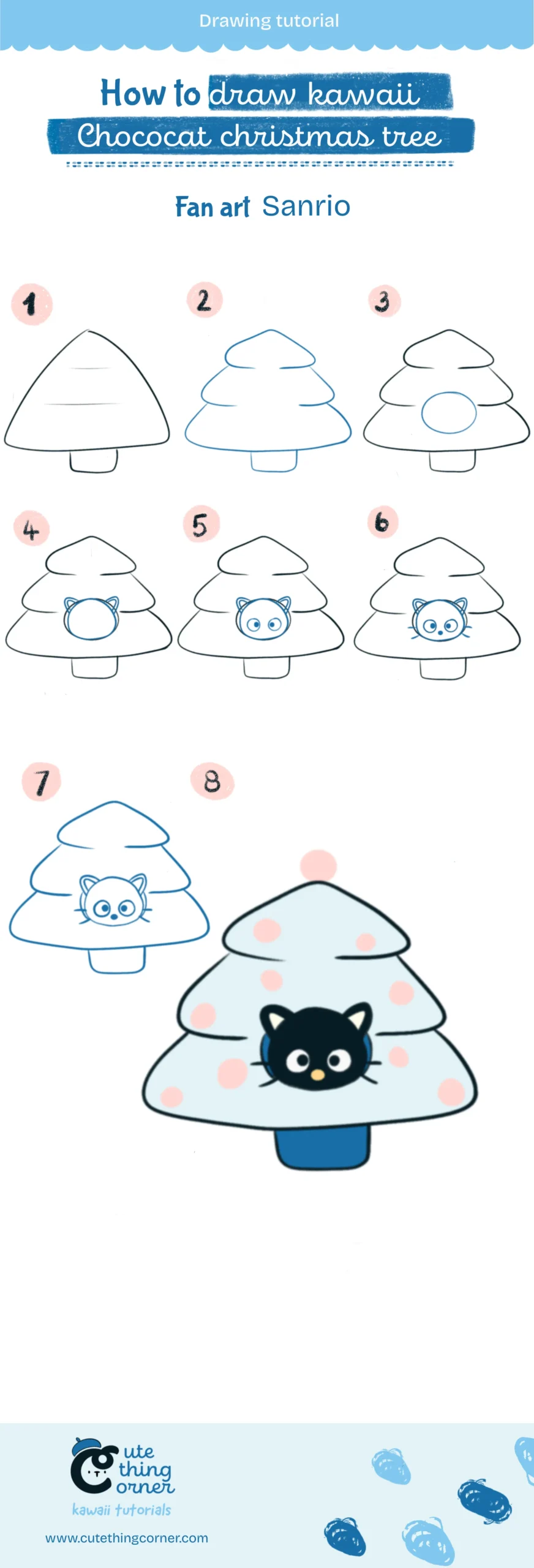 How to draw cute Chococat christmas tree (Step-by-step)