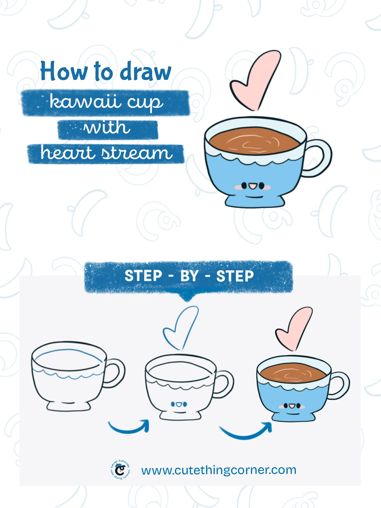 How to draw kawaii cup with heart stream (Step-by-step)