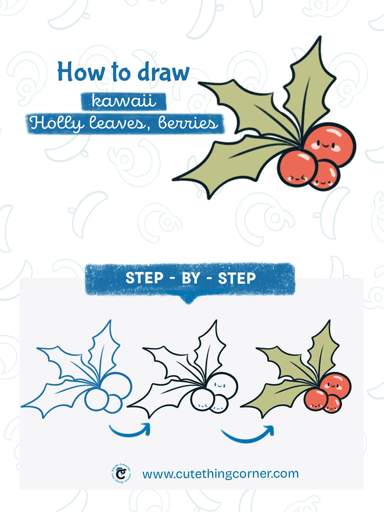 How to Draw Kawaii Holly Leaves and Berries