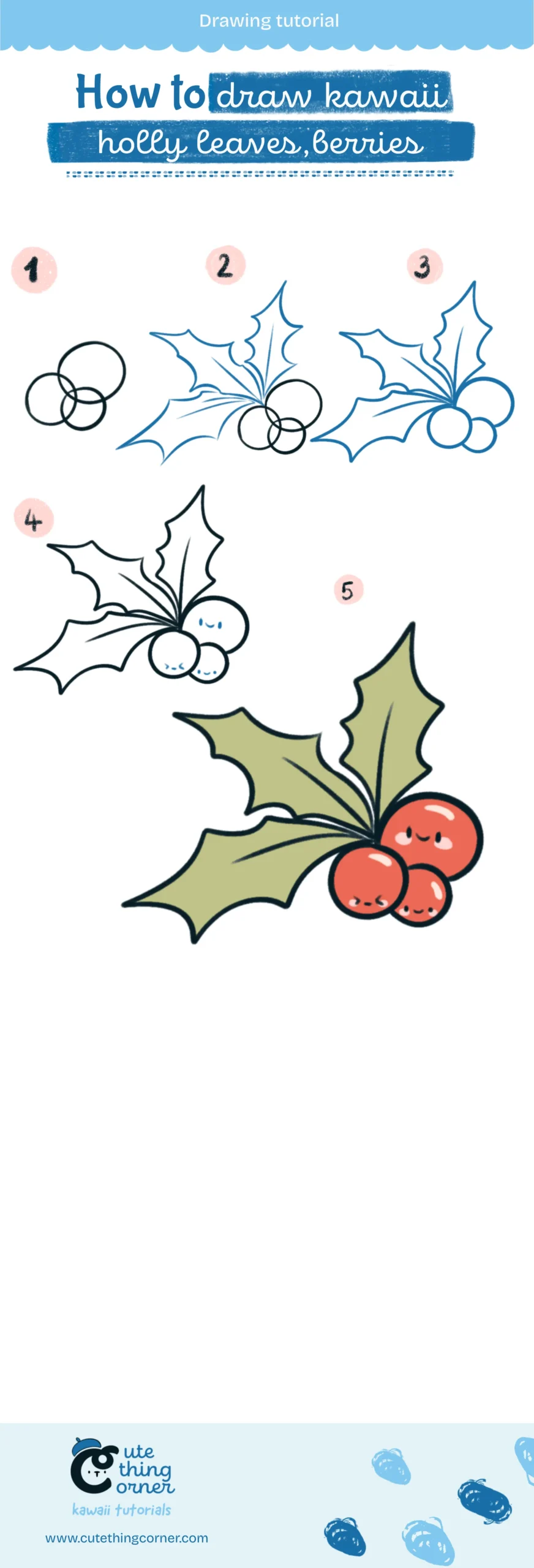 How to draw kawaii holly leaves, berries