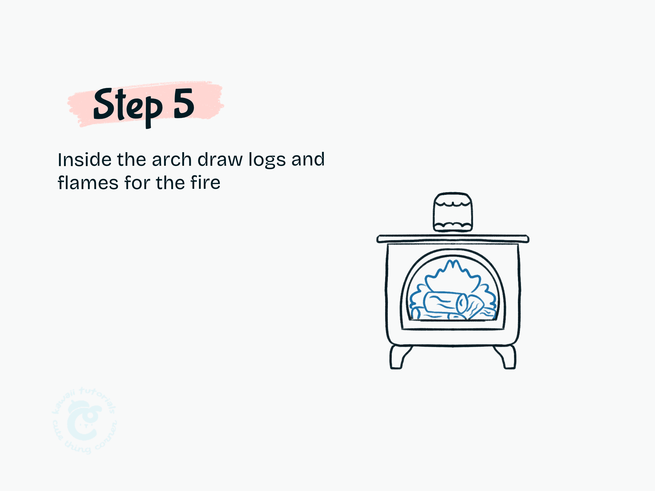 Step 5 Inside the arch draw logs and flames for the fire