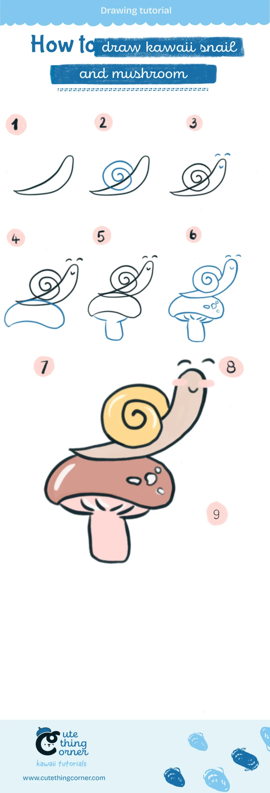 How to draw Kawaii Snail and Mushroom (Step-by-step)