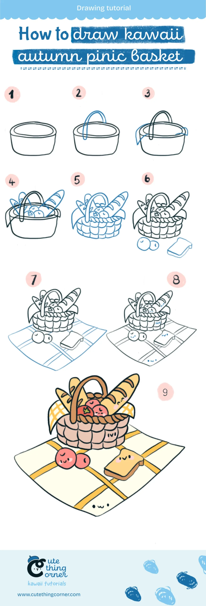 How to draw a kawaii autumn pinic basket (Step-by-step)