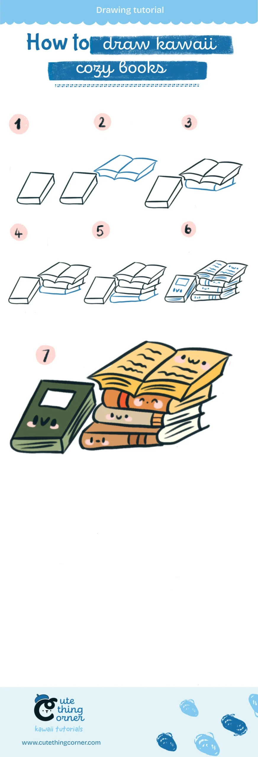 How to draw a kawaii cozy books (Step-by-step)