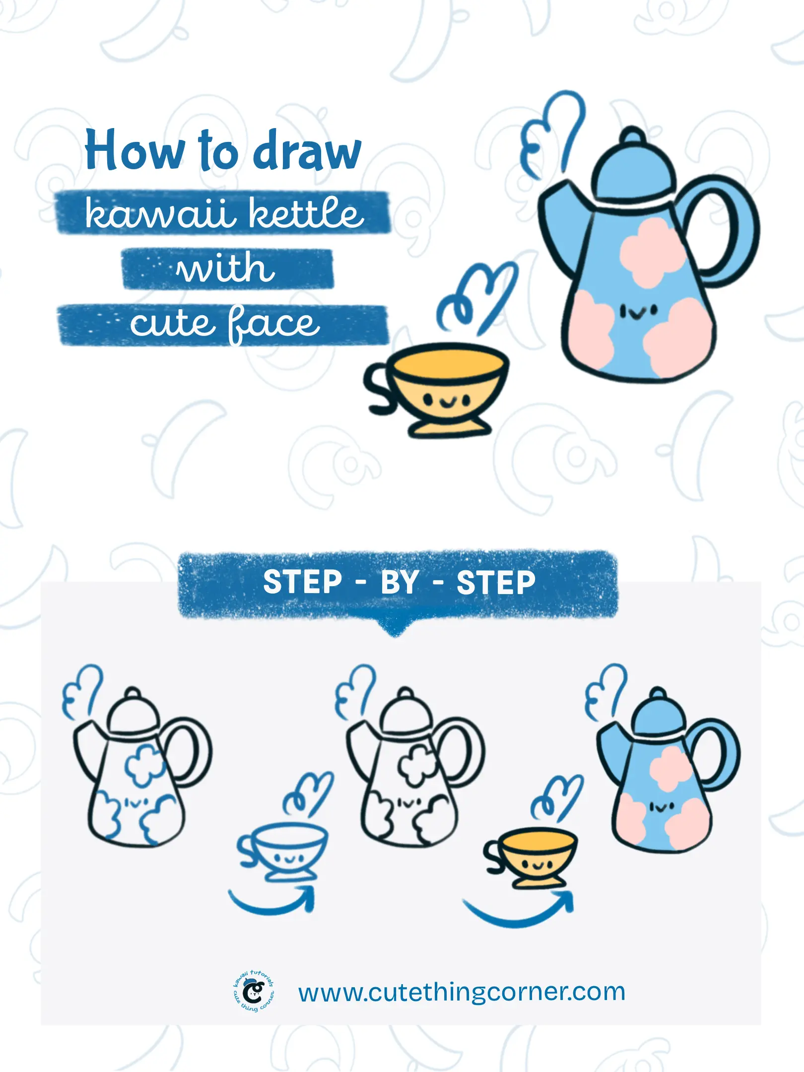 How to draw a kawaii kettle wih cute face