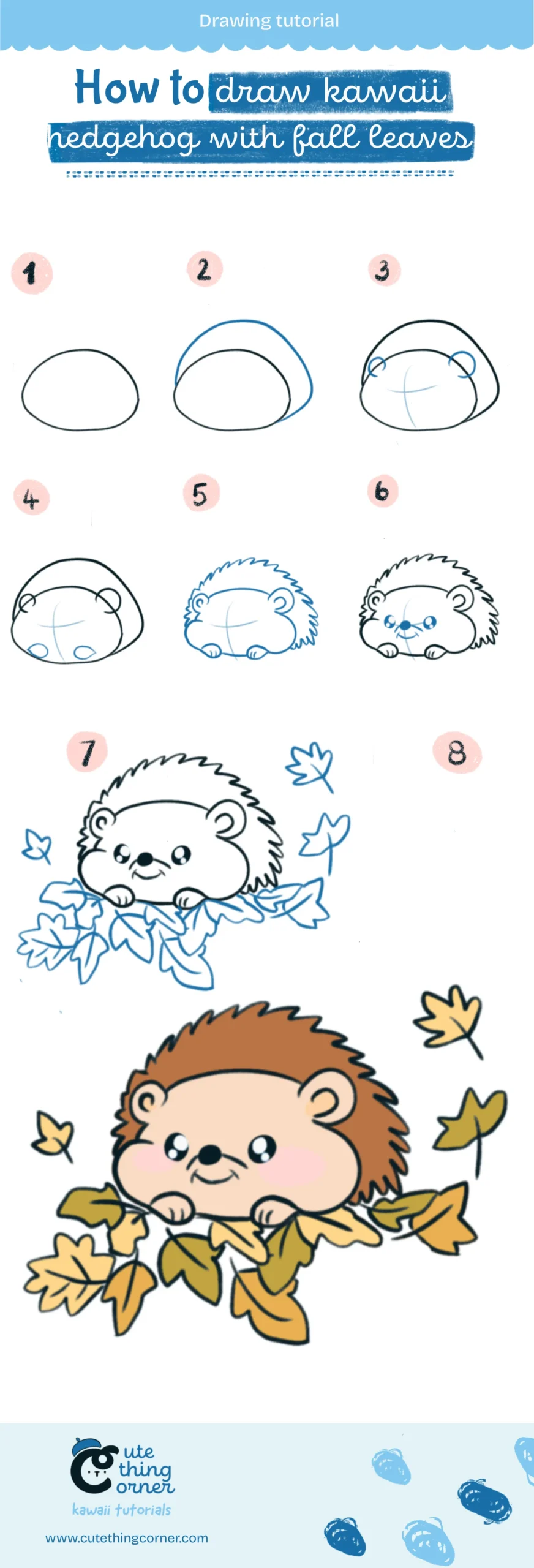 How to draw kawaii hedgehog with leaves (Step-by-step)