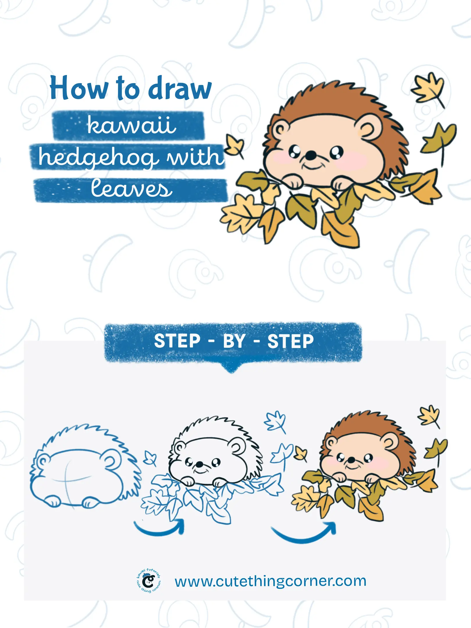 How to draw kawaii hedgehog with leaves