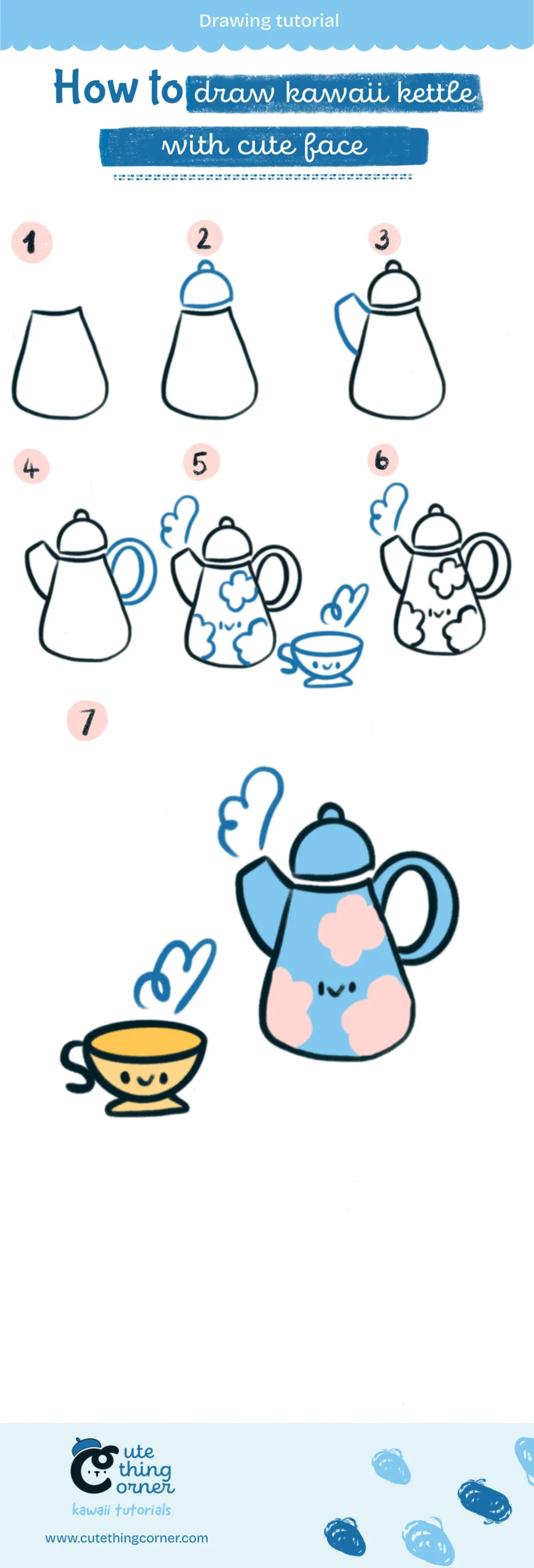 How to draw kawaii kettle wih cute face (Step-by-step)