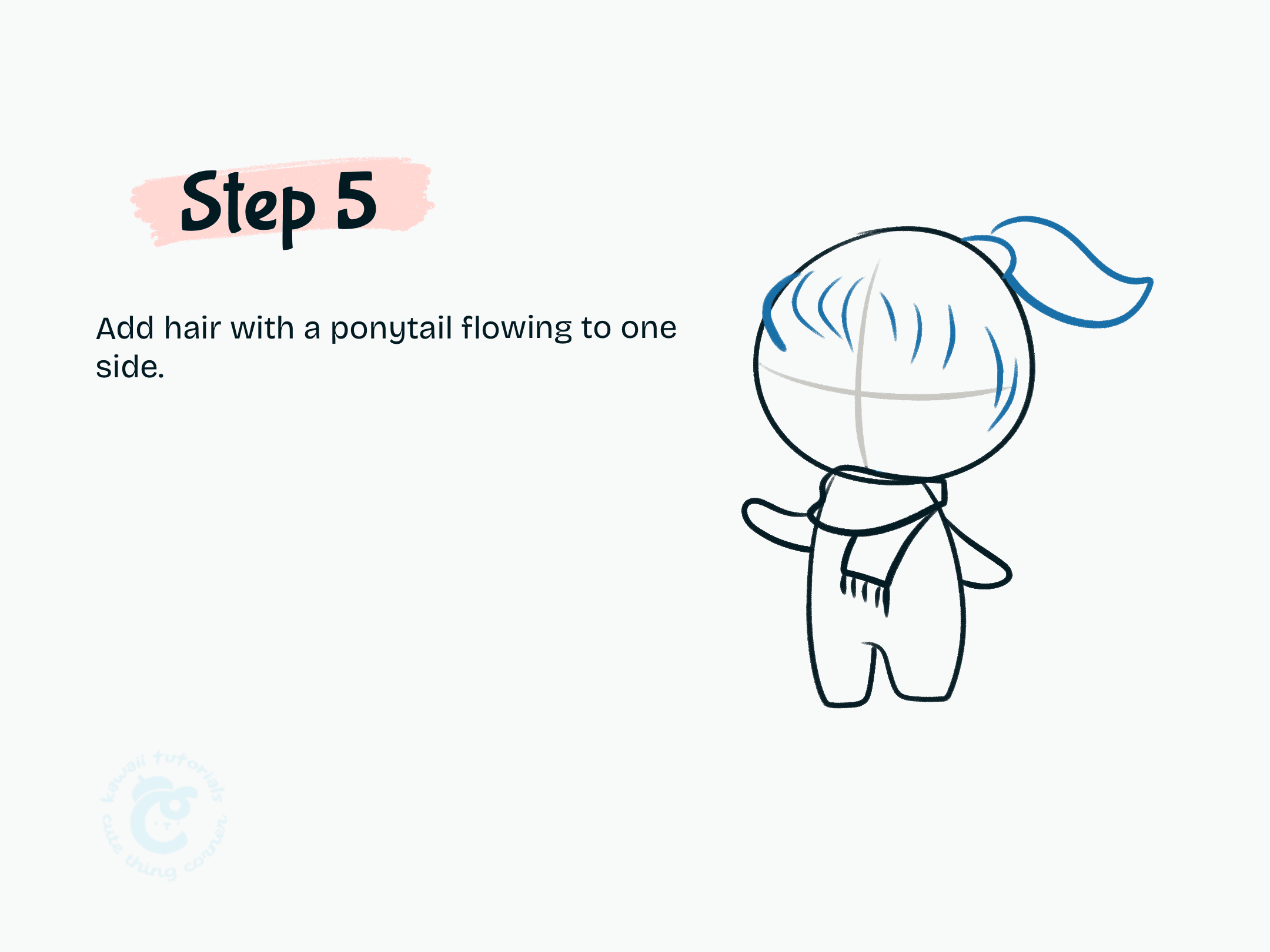 Step 5 Add hair with a ponytail flowing to one side.