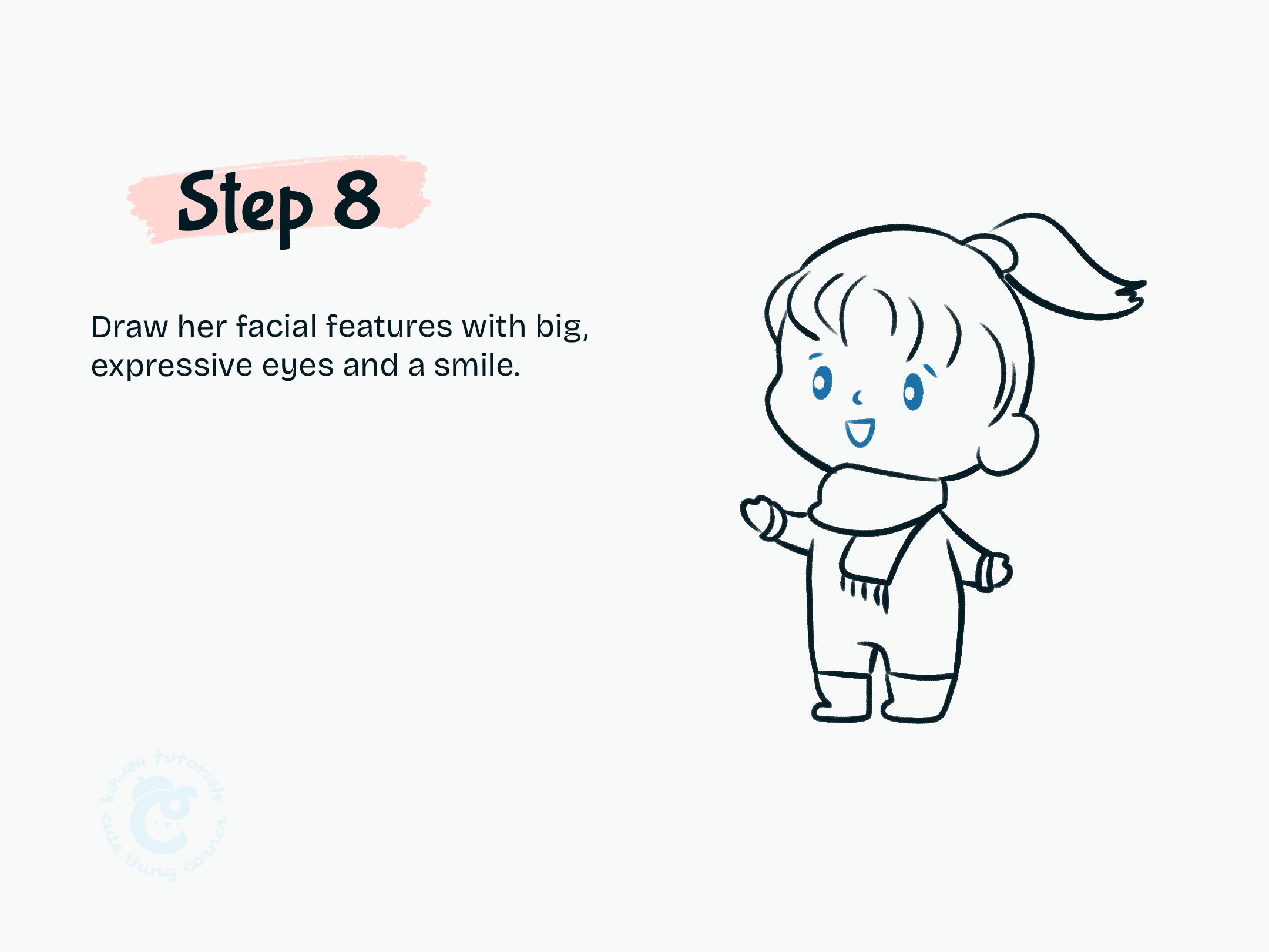 Step 8 Draw her facial features with big, expressive eyes and a smile.