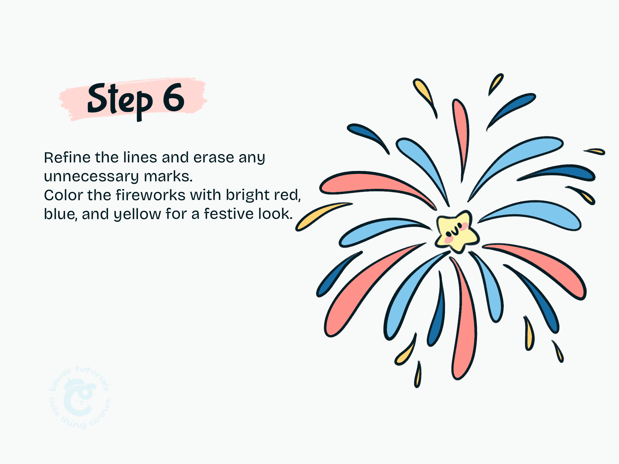 Step 6 Refine the lines and erase any unnecessary marks. Color the fireworks with bright red, blue, and yellow for a festive look.