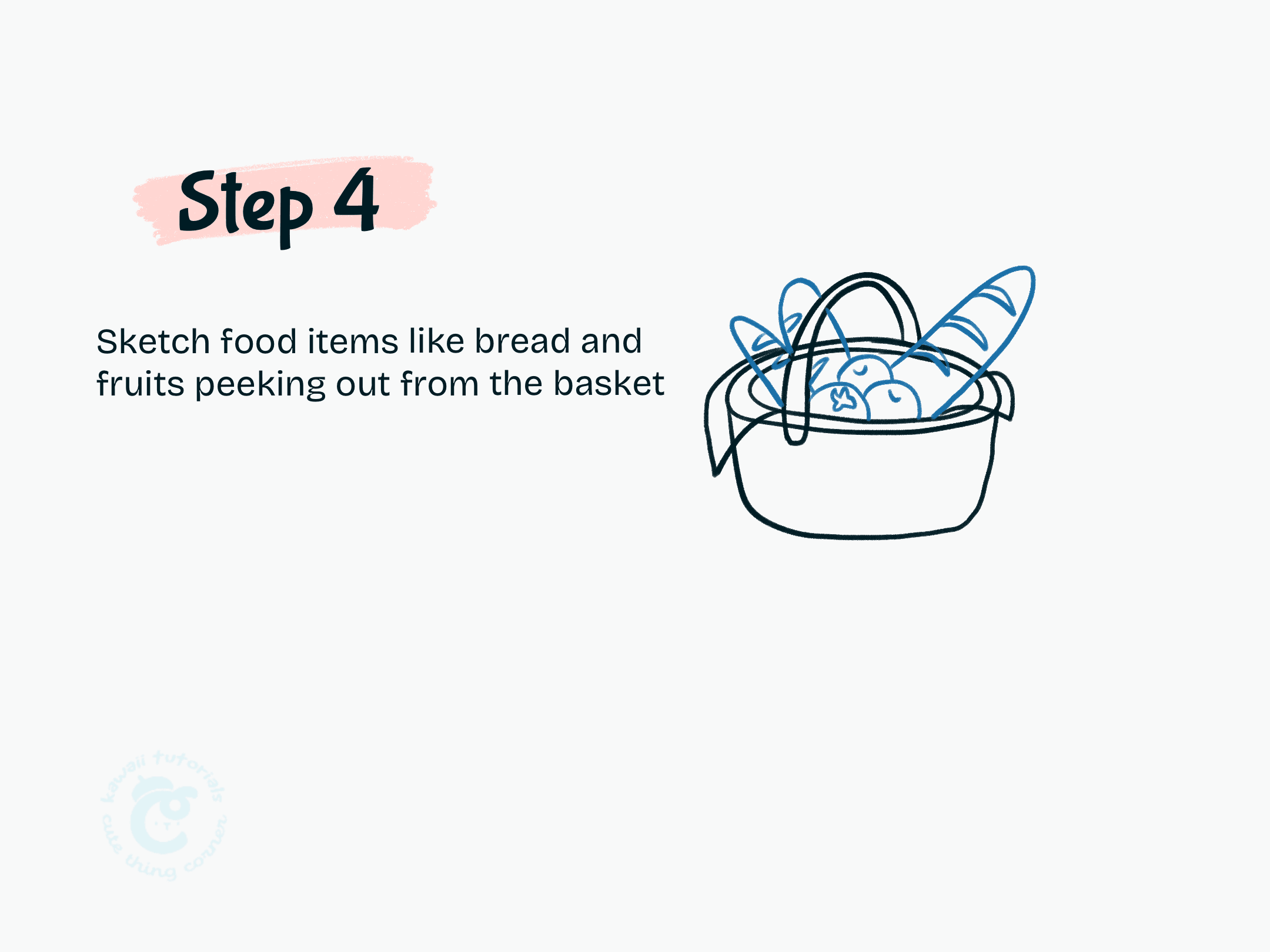 Step 4 Sketch food items like bread and fruits peeking out from the basket