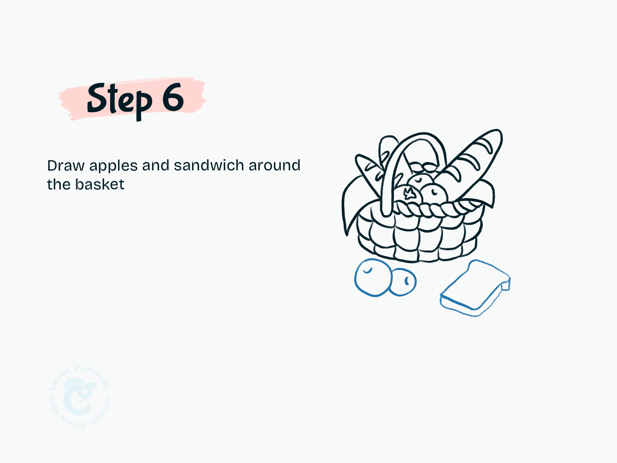 Step 6 Draw apples and sandwich around the basket