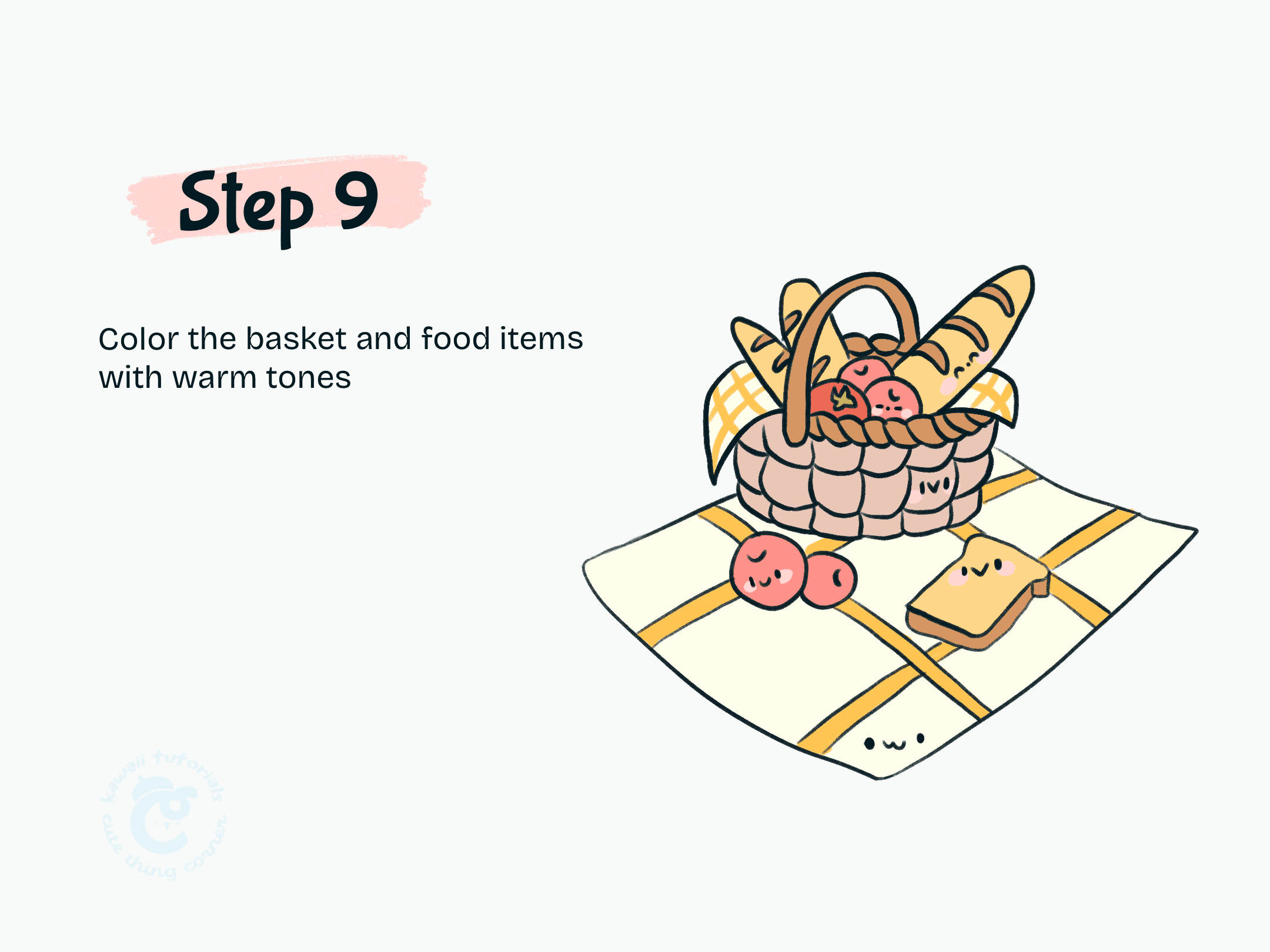 Step 9 Color the basket and food items with warm tones