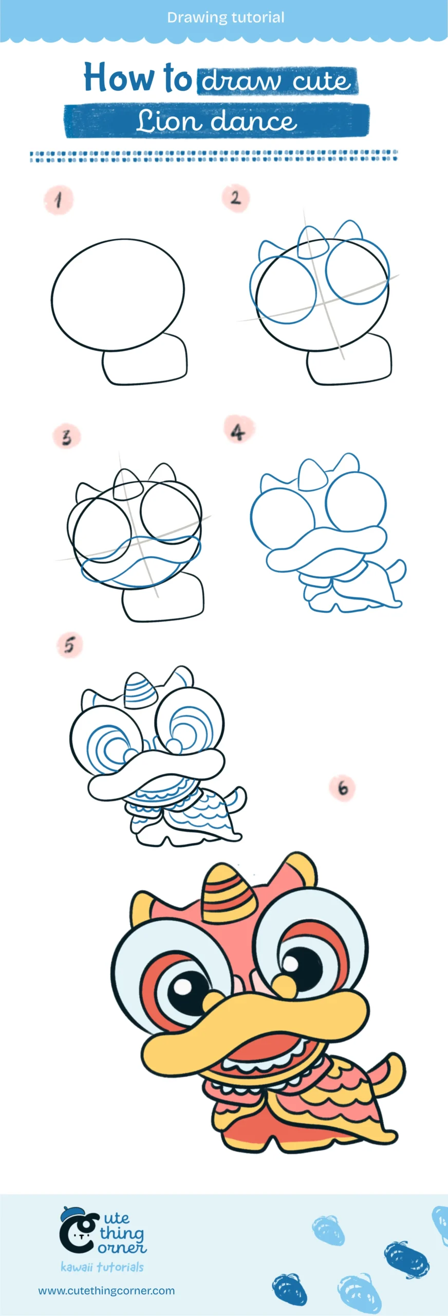 How to draw kawaii lion dance (Step-by-step)