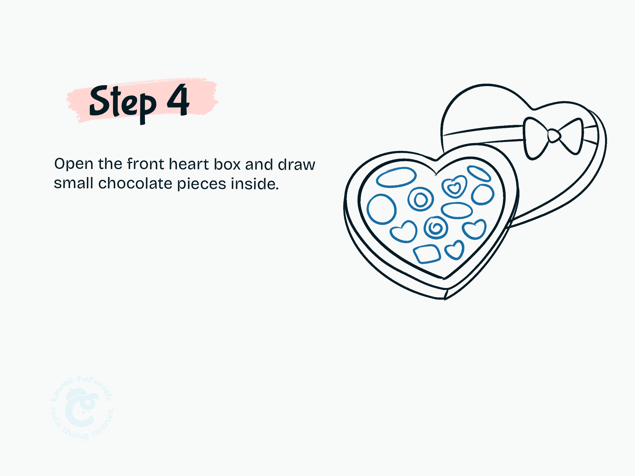 Step 4 Open the front heart box and draw small chocolate pieces inside.