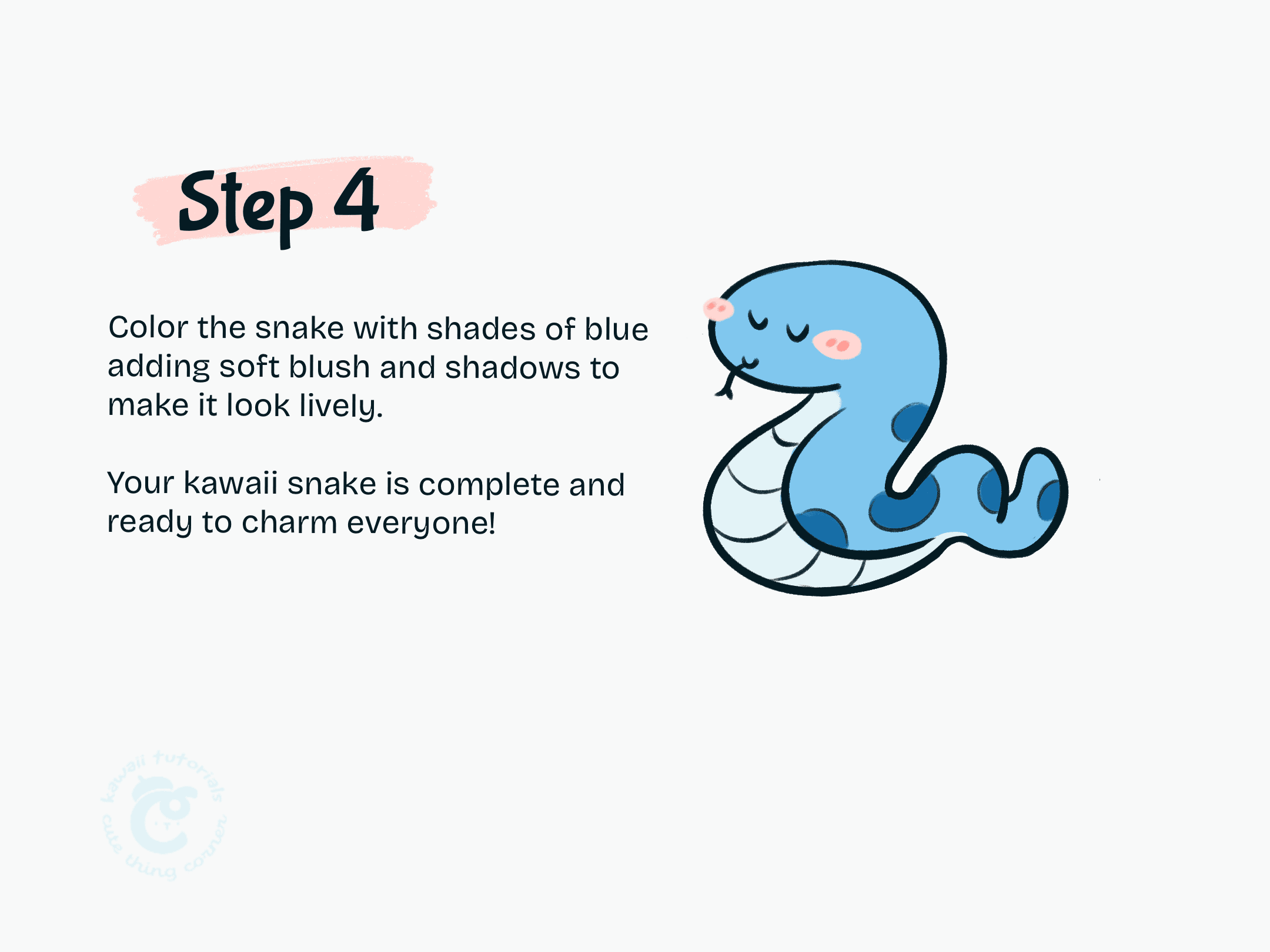 Step 4 Color the snake with shades of blue adding soft blush and shadows to make it look lively.