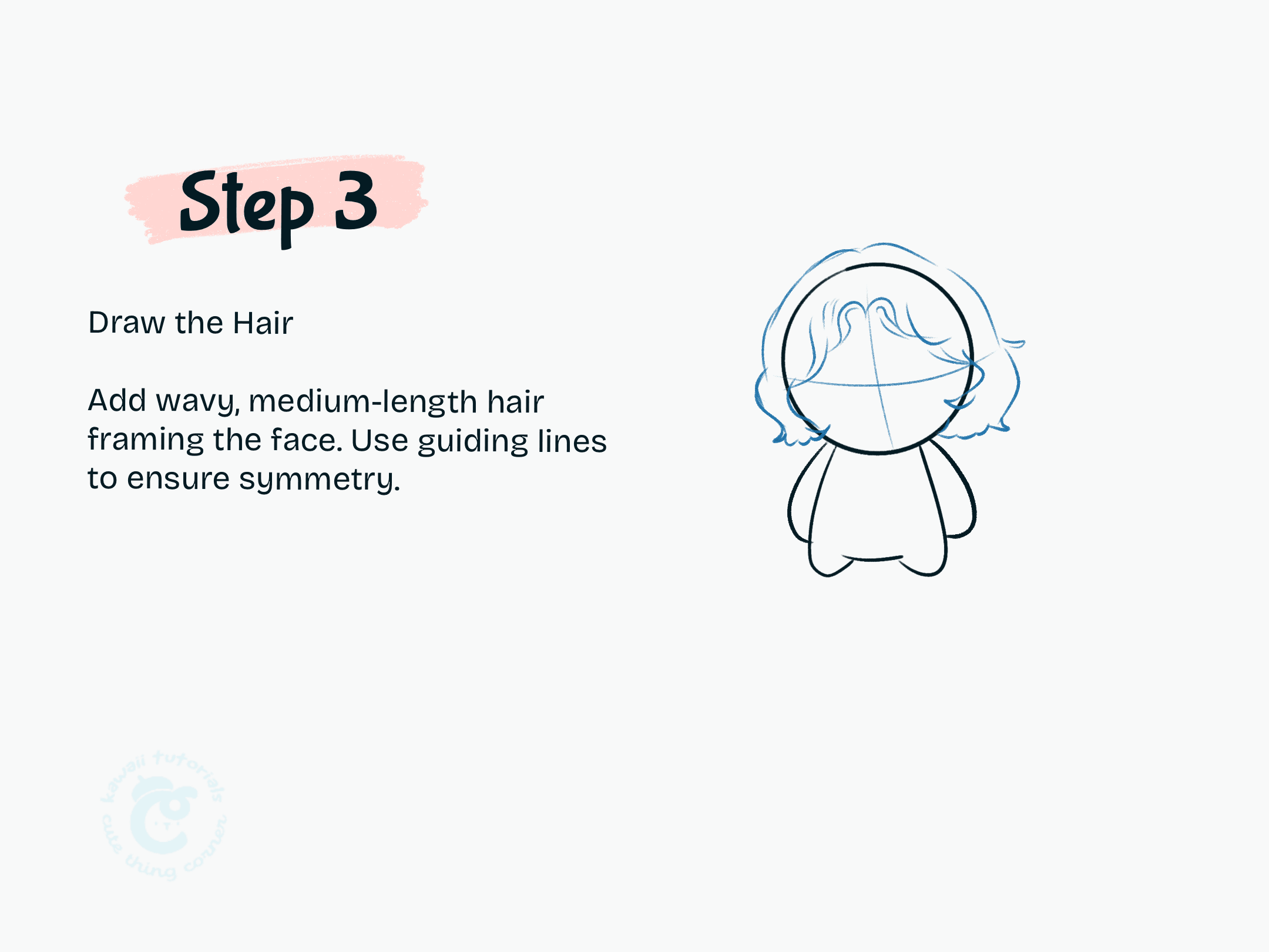 Add wavy, medium-length hair framing the face. Use guiding lines to ensure symmetry.