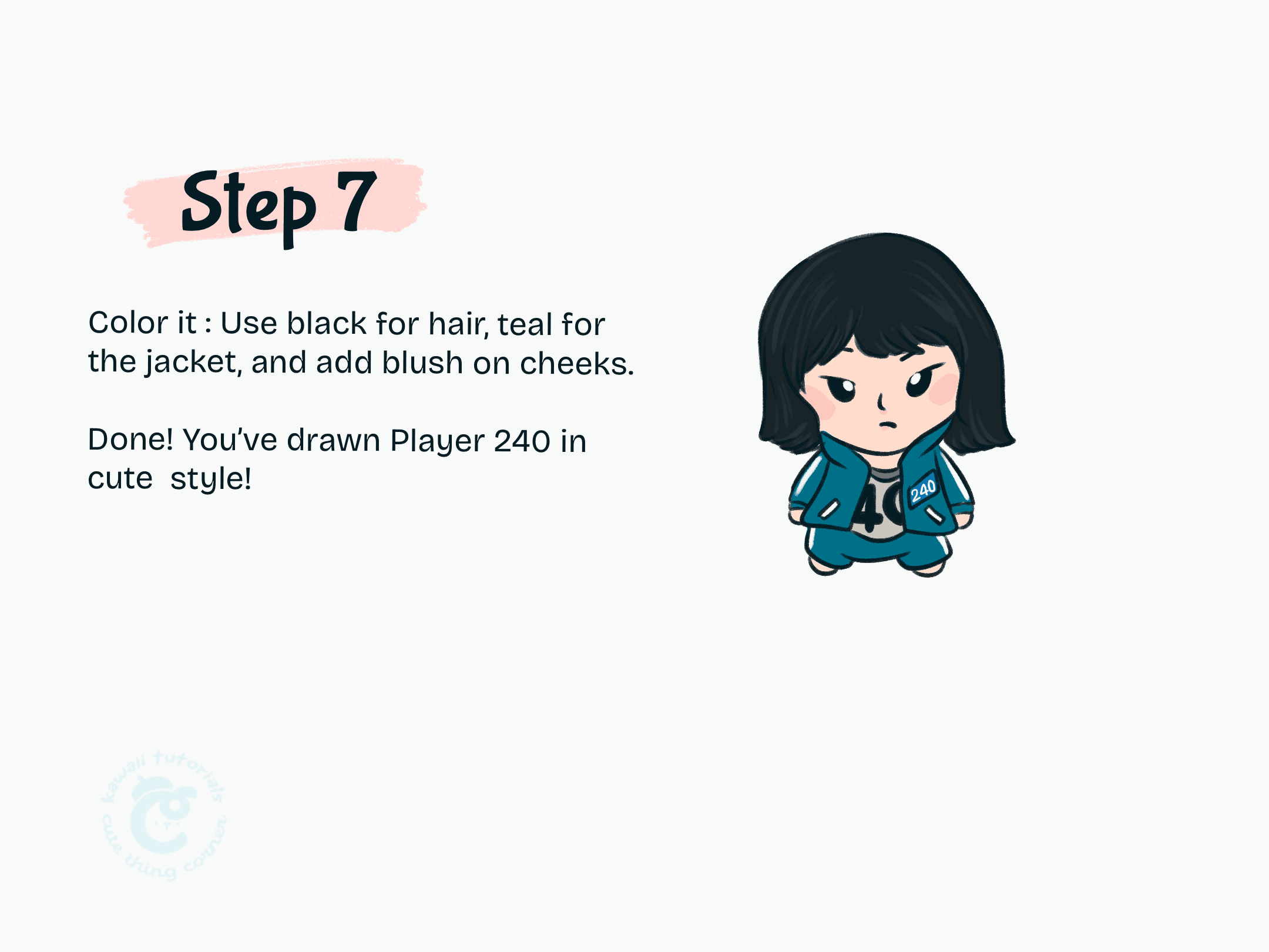 Color it: Use black for hair, teal for the jacket, and add blush on cheeks.