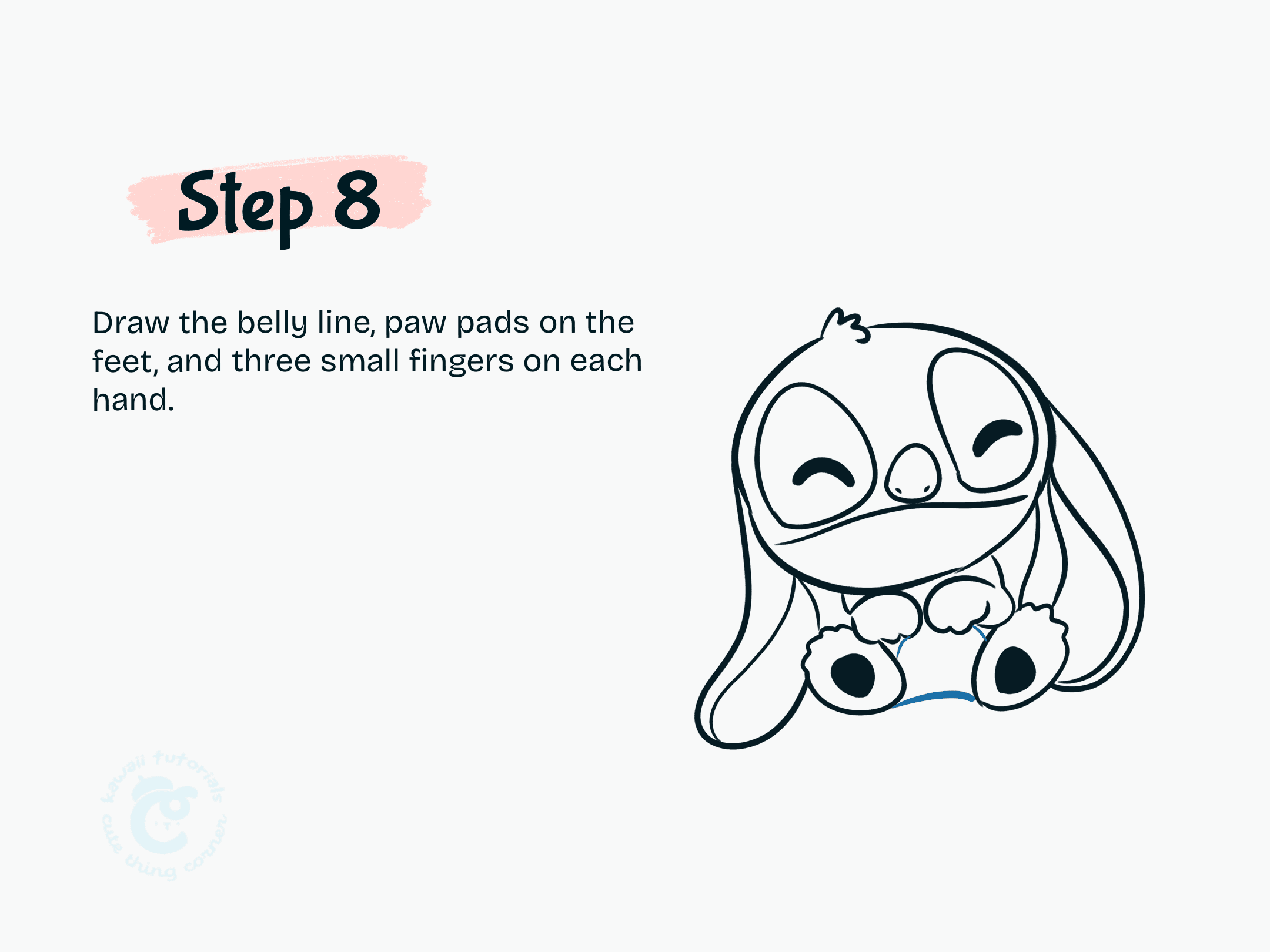 Draw the belly line, paw pads on the feet, and three small fingers on each hand.