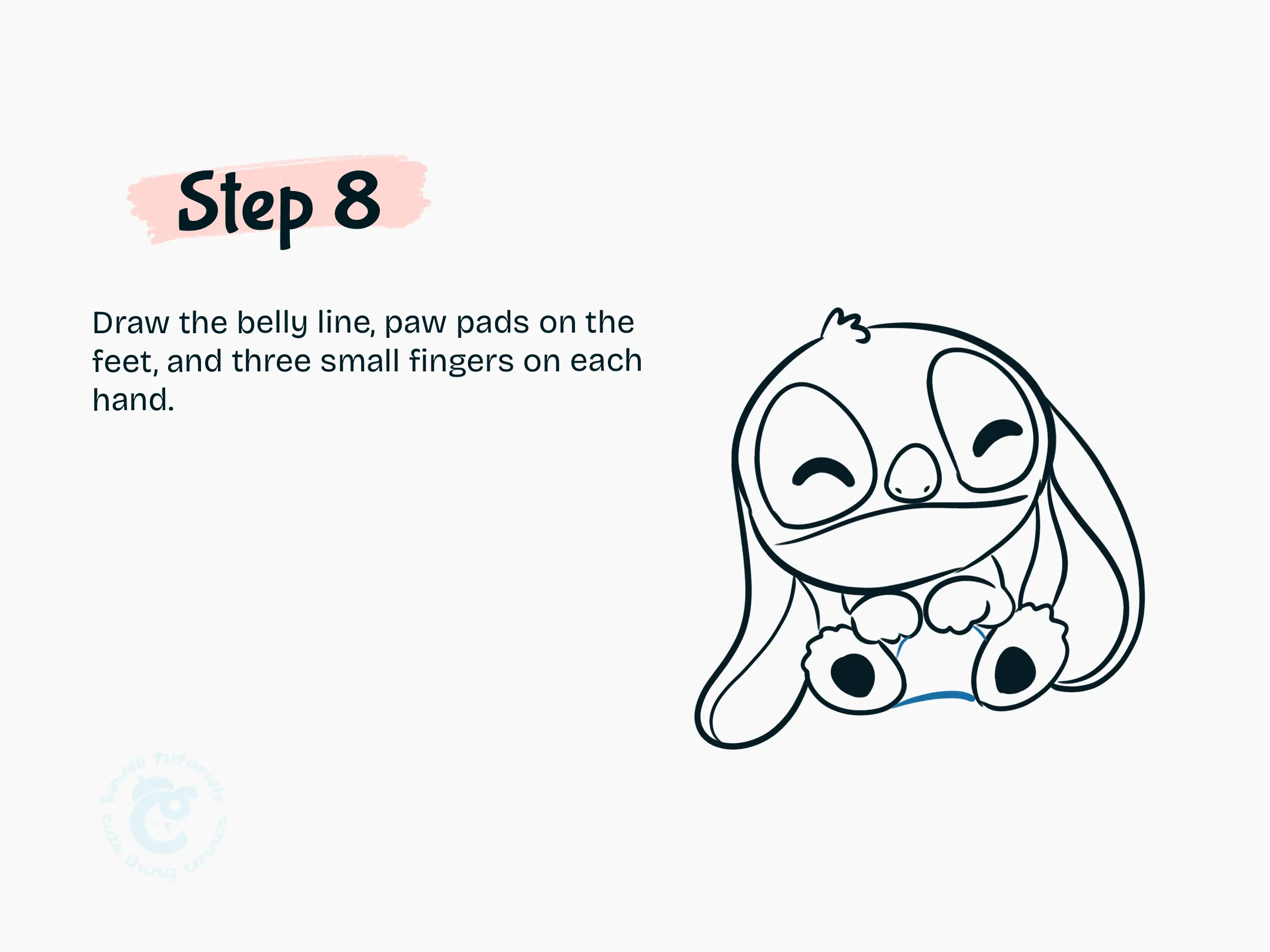 Draw the belly line, paw pads on the feet, and three small fingers on each hand.