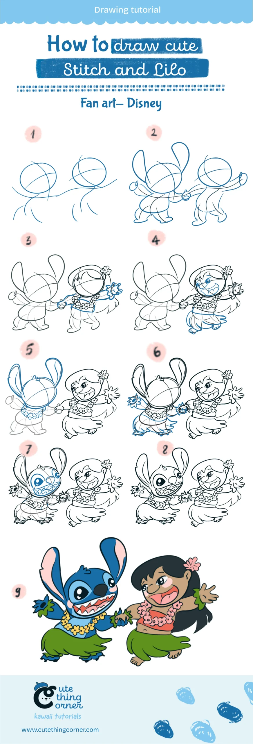 Full step to draw Stitch and Lilo