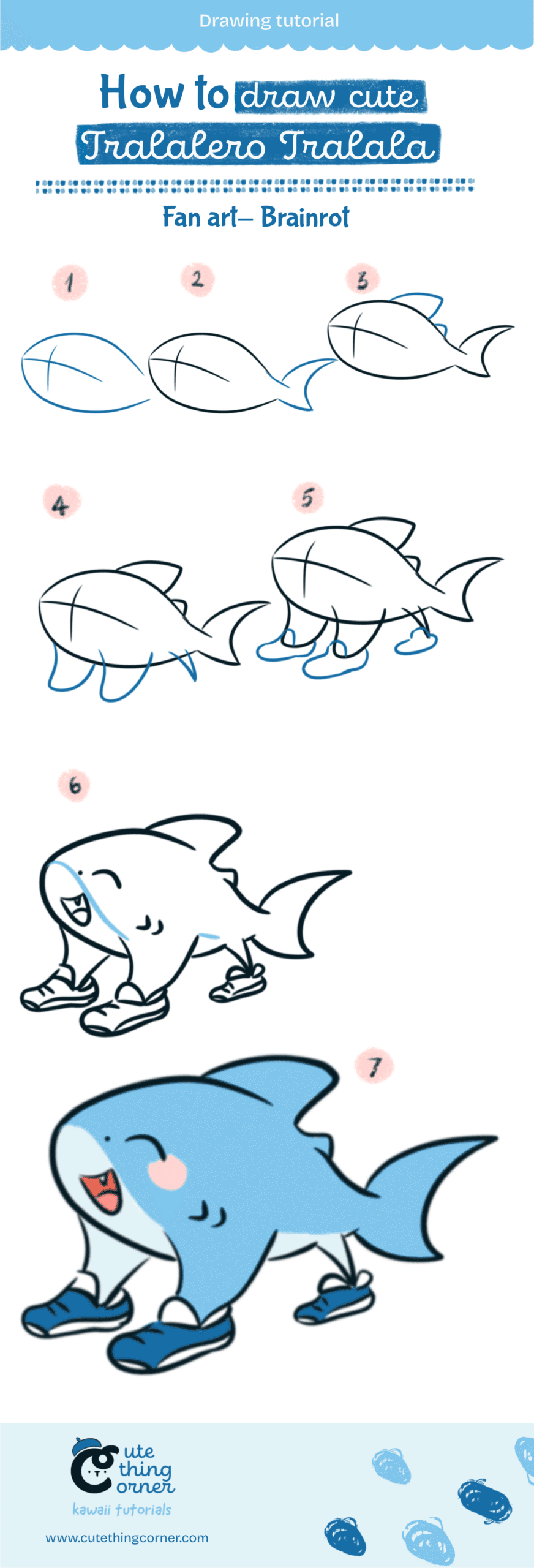 How to draw cute Tralalero Tralala (Step-by-step)