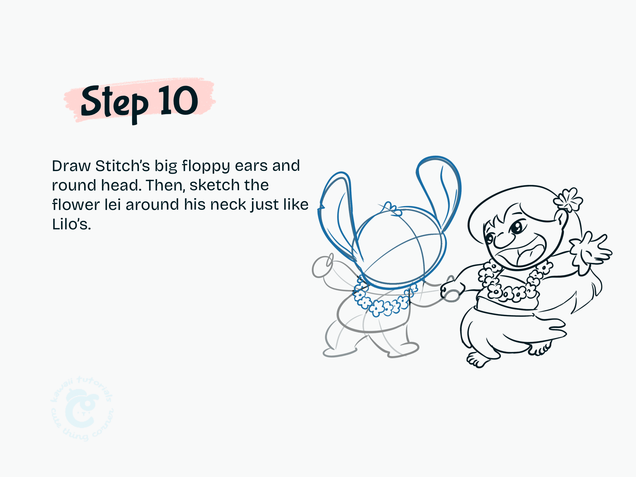 Step 10 Draw Stitch big floppy ears and round head