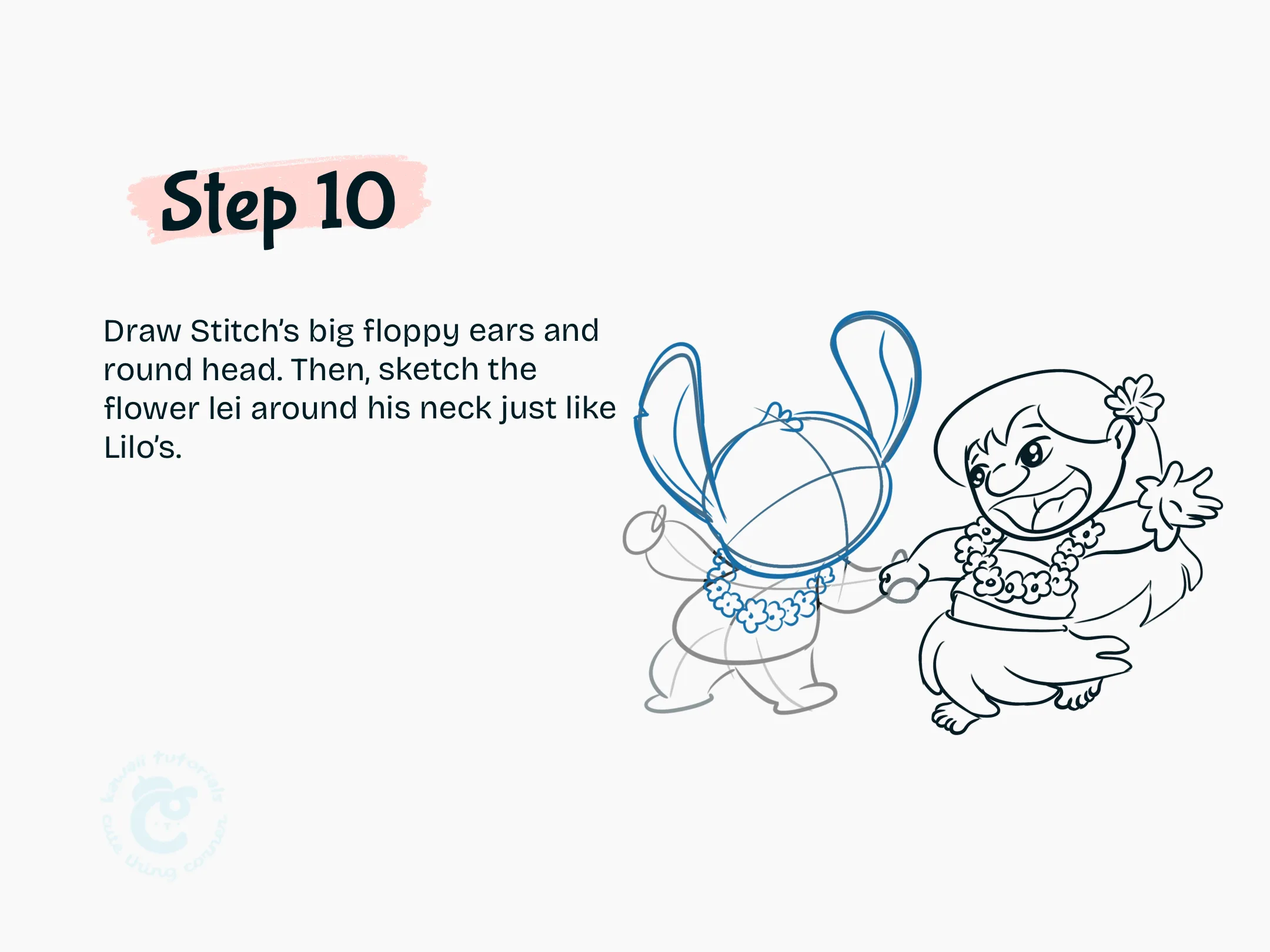 Step 10 Draw Stitch big floppy ears and round head