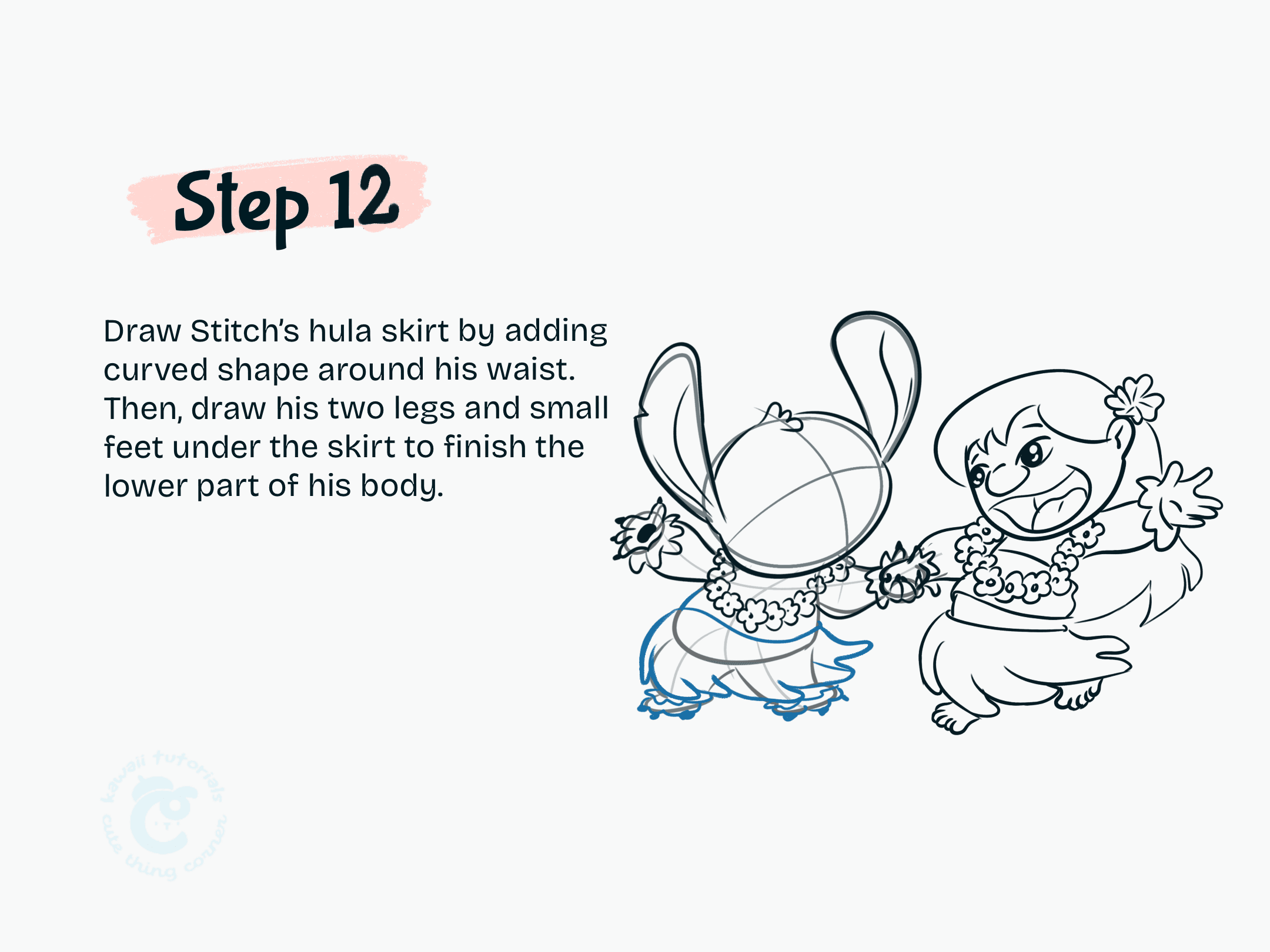 Step 12 Draw Stitch hula skirt by adding curved shape around his waist