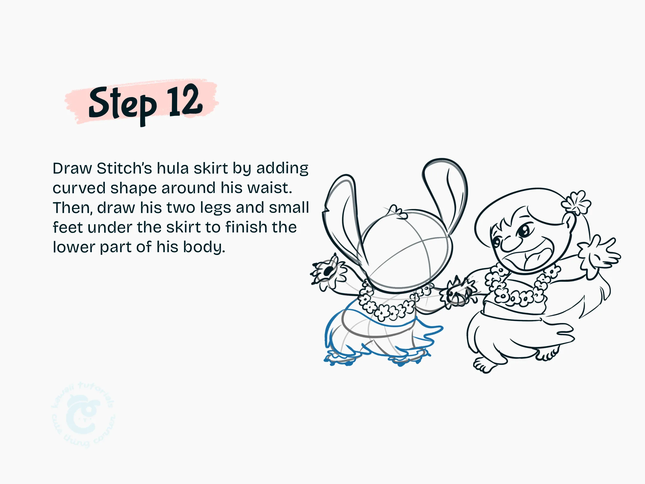 Step 12 Draw Stitch hula skirt by adding curved shape around his waist
