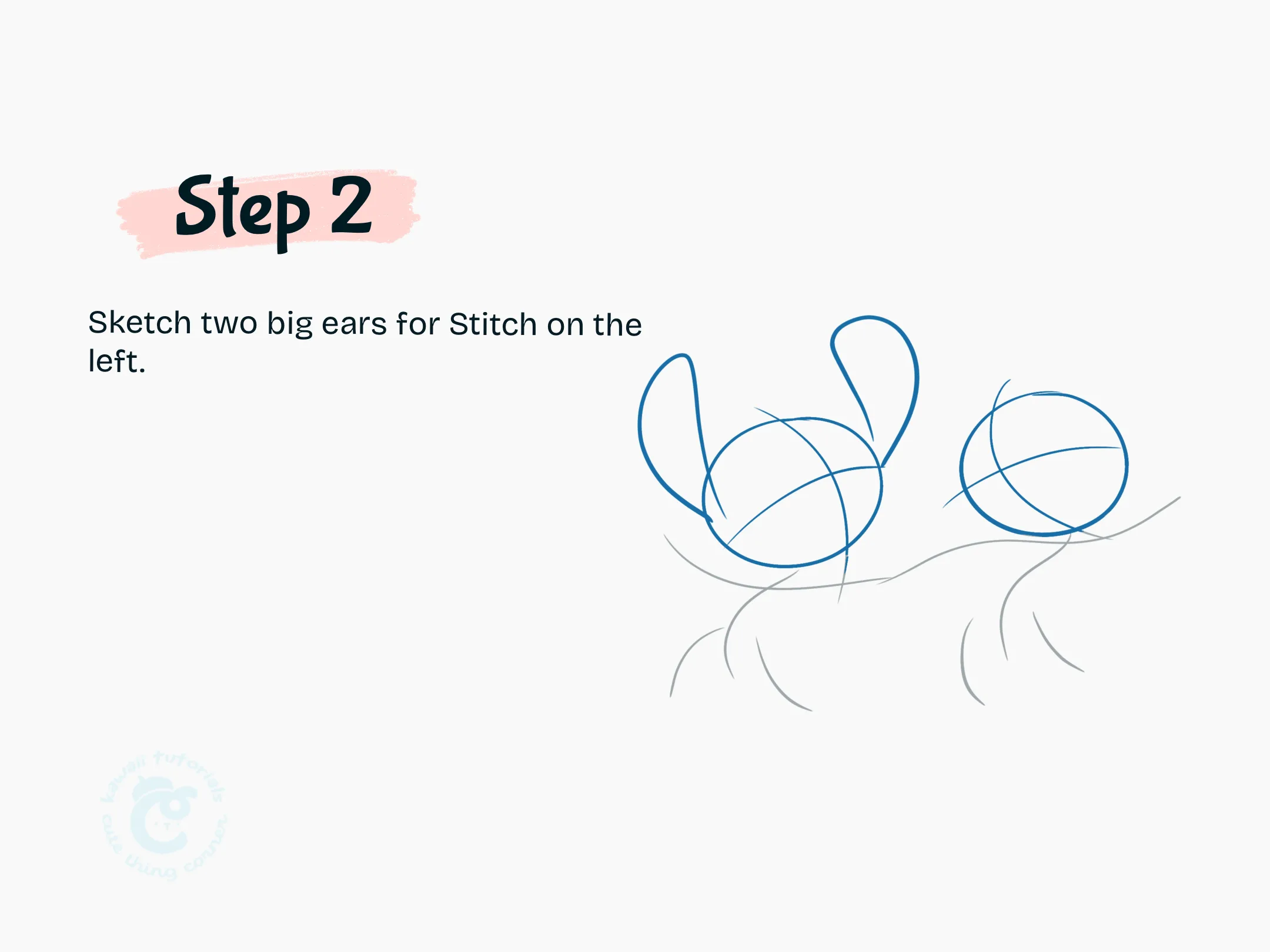 Step 2 Sketch two big ears for Stitch on the left
