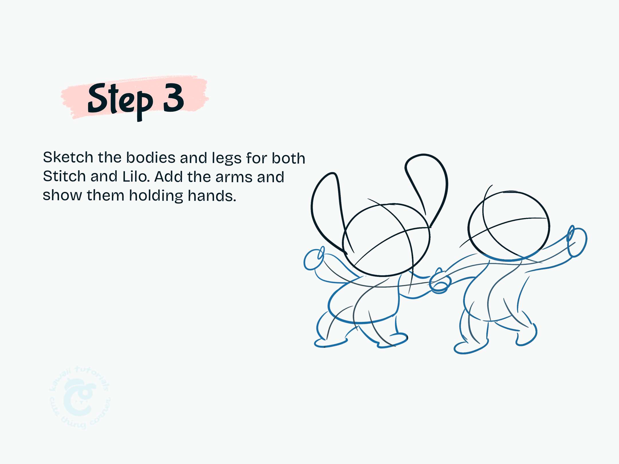 Step 3 Sketch the bodies and legs for both Stitch and Lilo