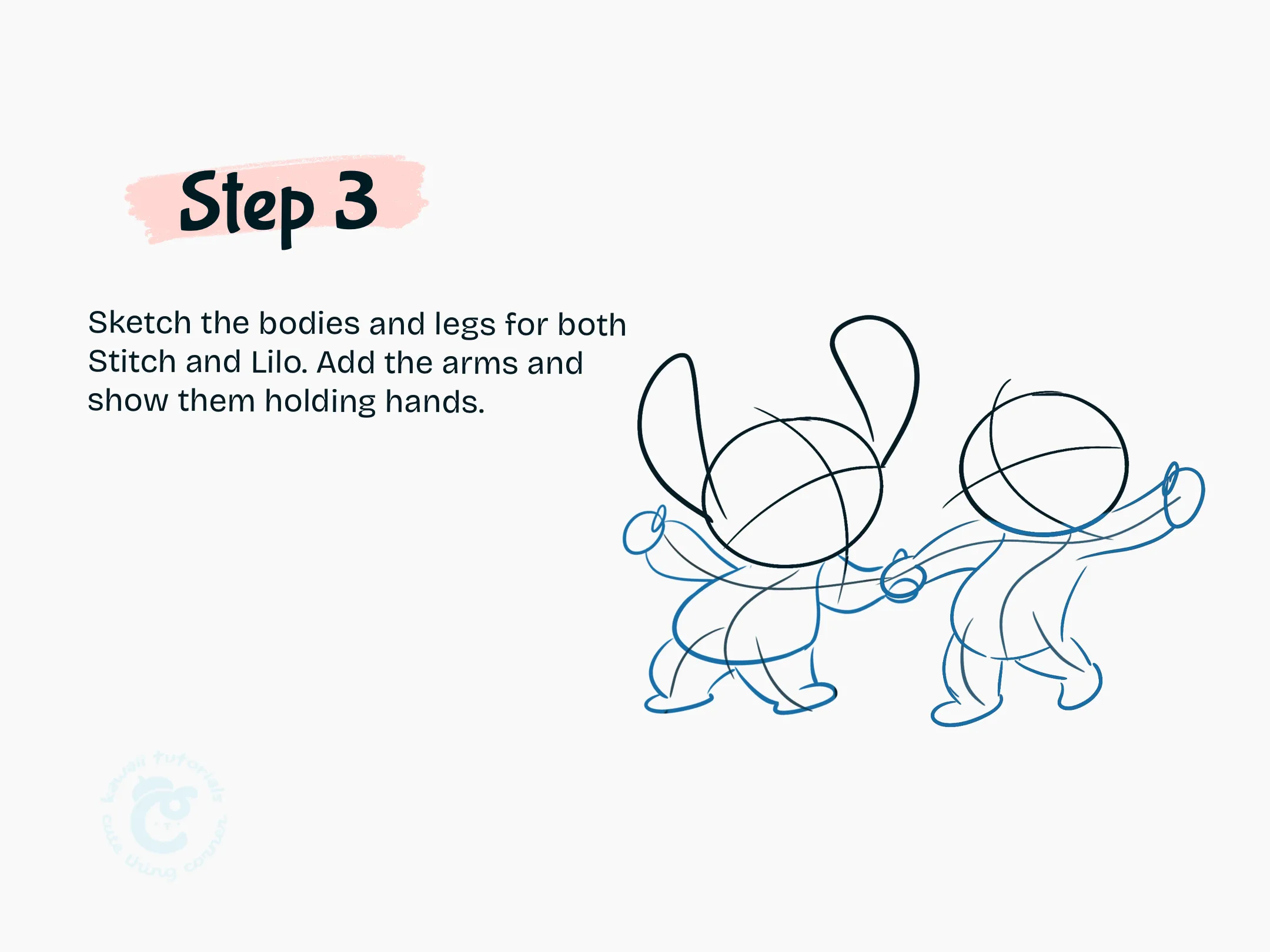 Step 3 Sketch the bodies and legs for both Stitch and Lilo