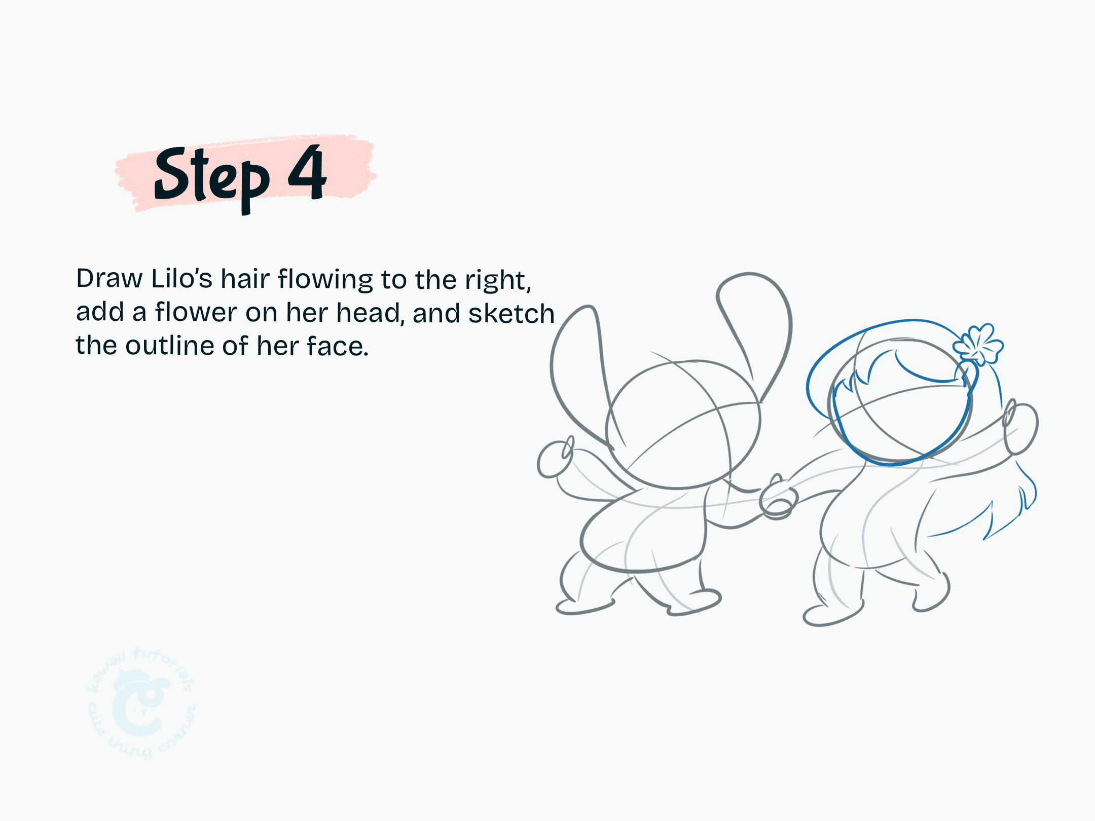 Step 4 Draw Lilo's hair flowing to the right
